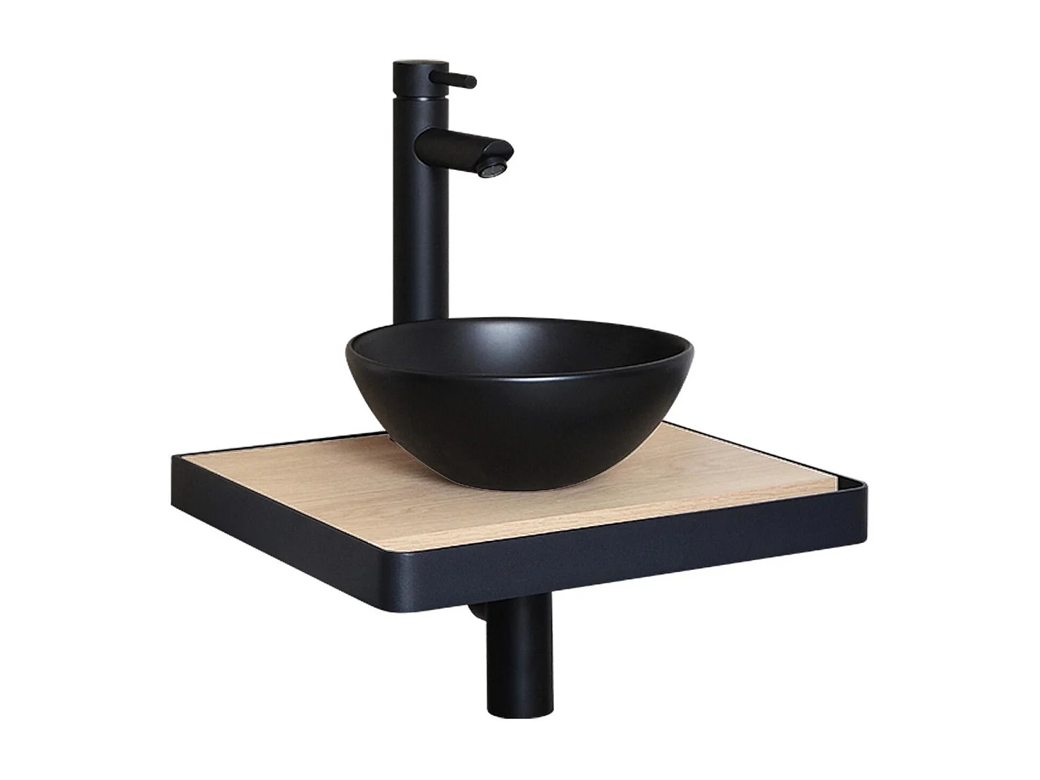 Meuble lave-mains SOHO plan fin p-serviette face vasque noire + robinet