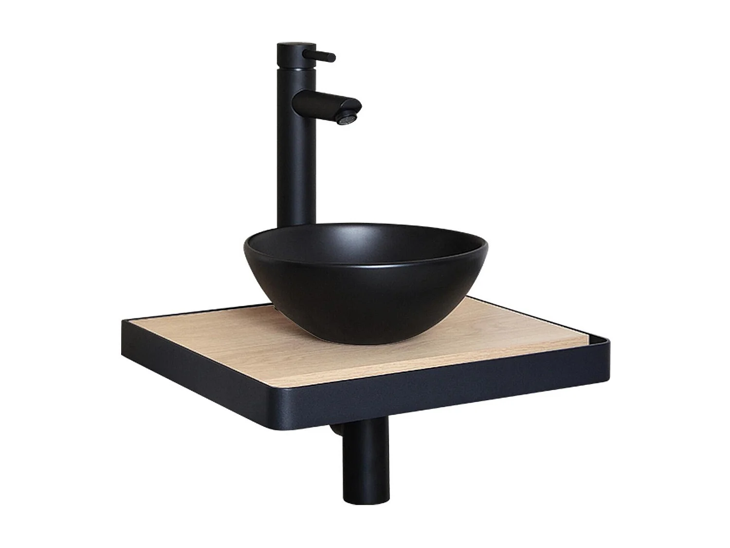 Meuble lave-mains SOHO plan fin p-serviette face vasque noire + robinet