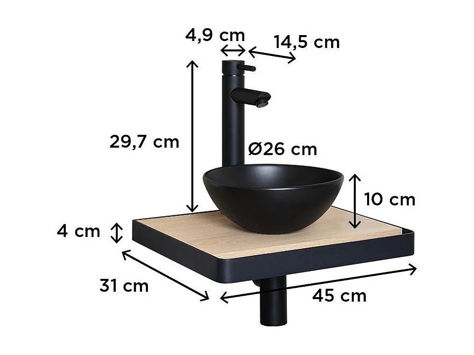 Meuble lave-mains SOHO plan fin p-serviette face vasque noire + robinet