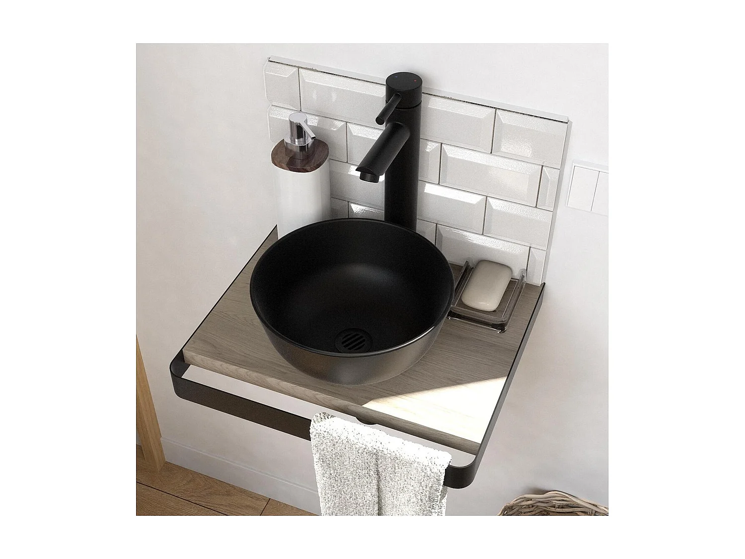 Meuble lave-mains SOHO plan fin p-serviette face vasque noire + robinet