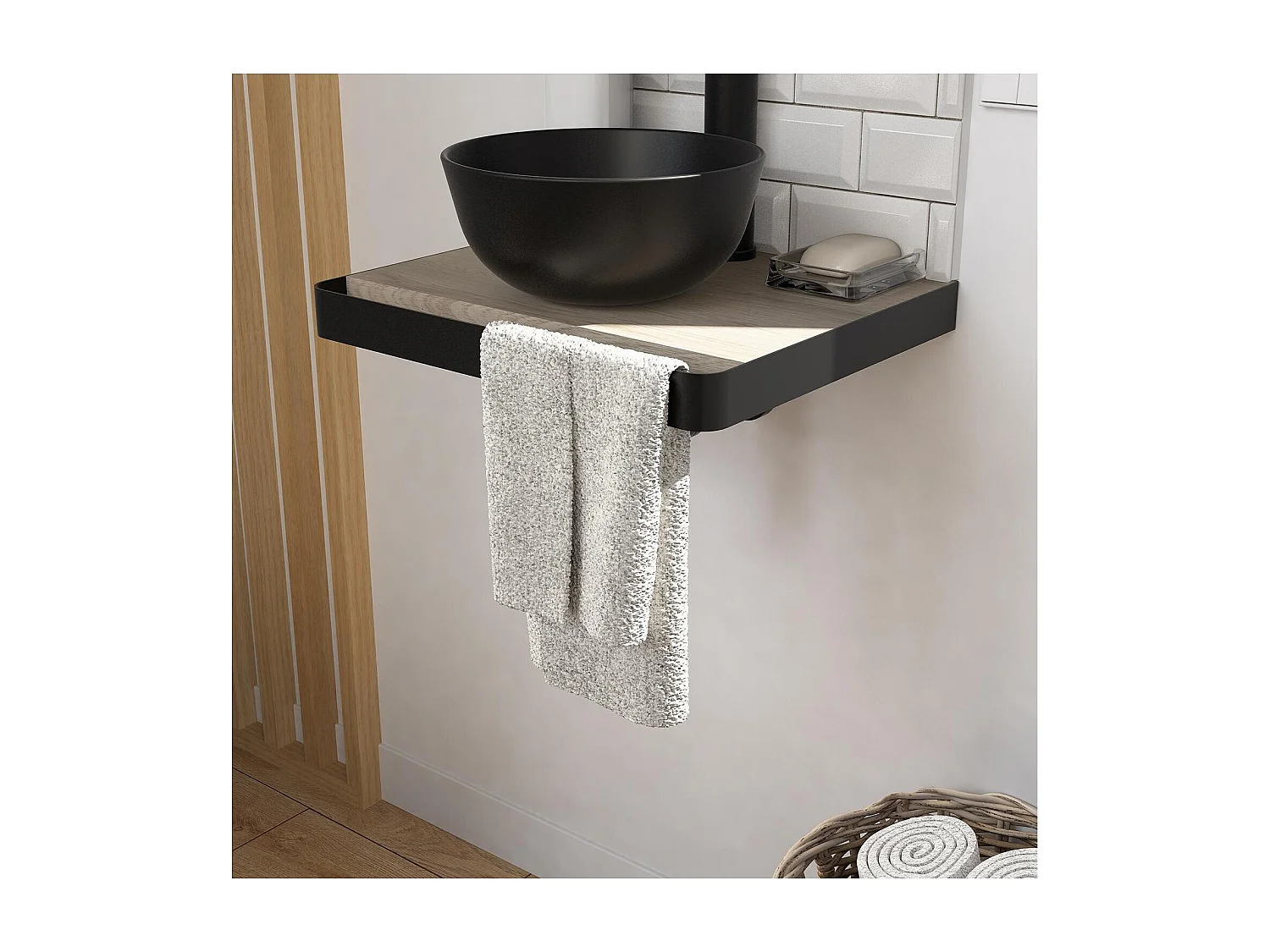 Meuble lave-mains SOHO plan fin p-serviette face vasque noire + robinet
