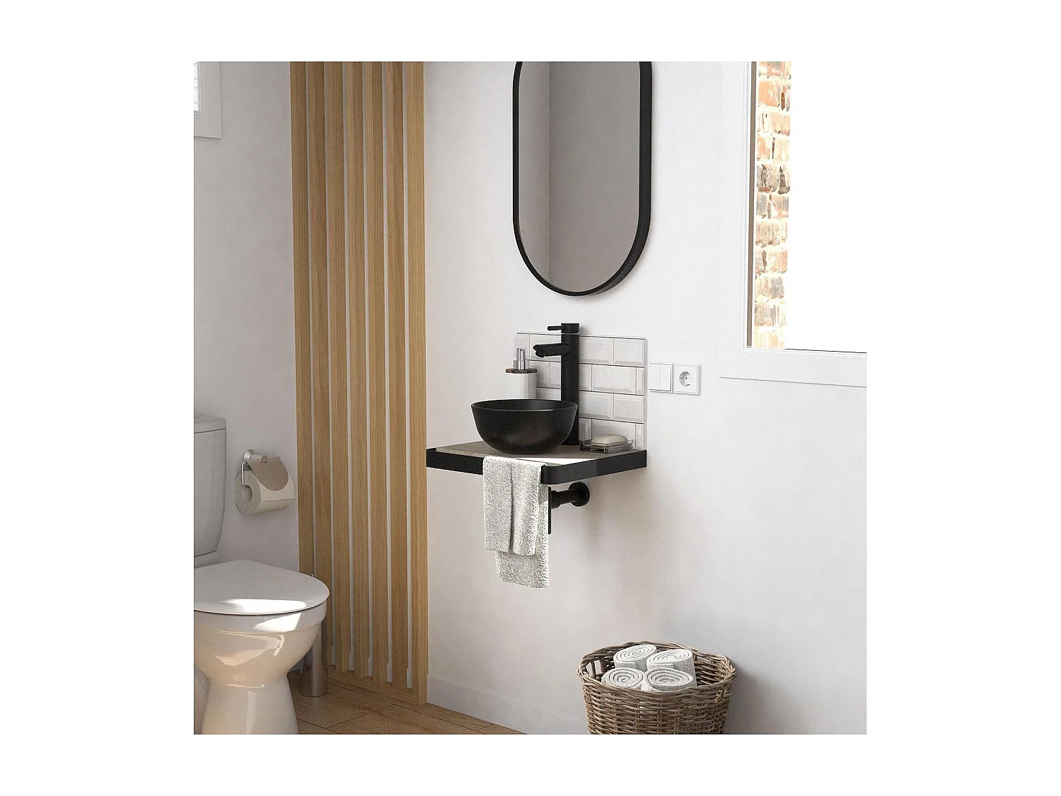 Meuble lave-mains SOHO plan fin p-serviette face vasque noire + robinet