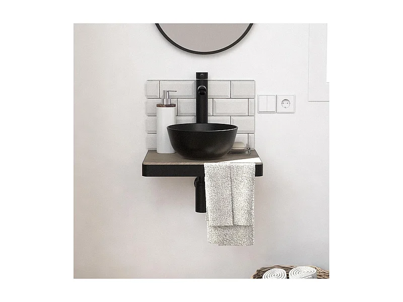 Meuble lave-mains plan fin porte-serviettes face + vasque noire + robinet