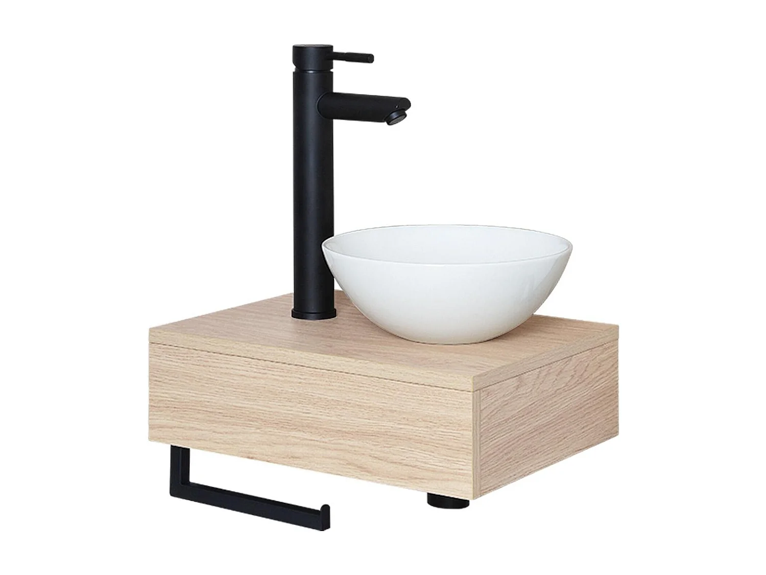 Meuble lave-mains plan fin porte-serviettes dessous + vasque blanche + robinet