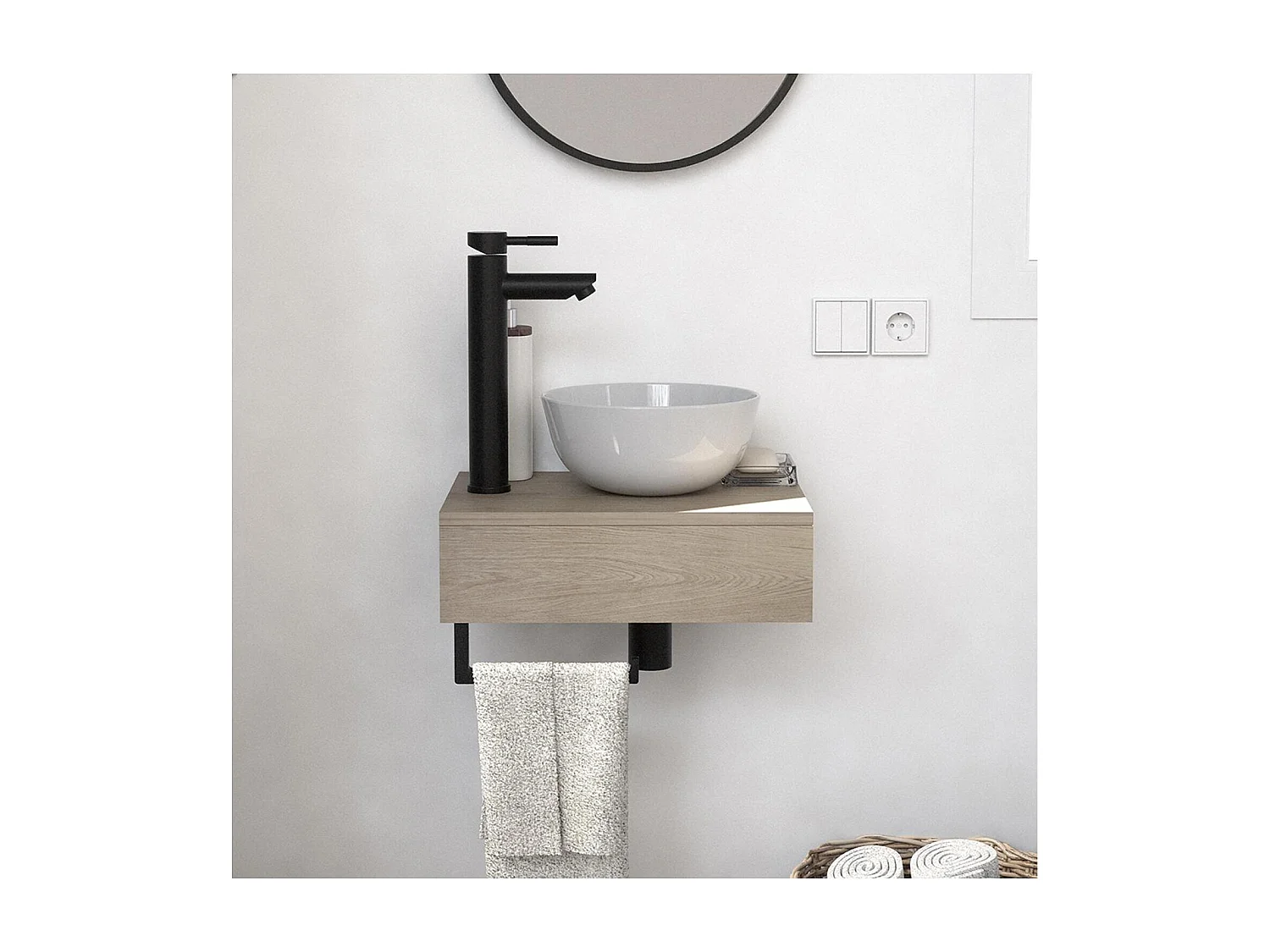 Meuble lave-mains SOHO plan épais vasque blanche + robinet