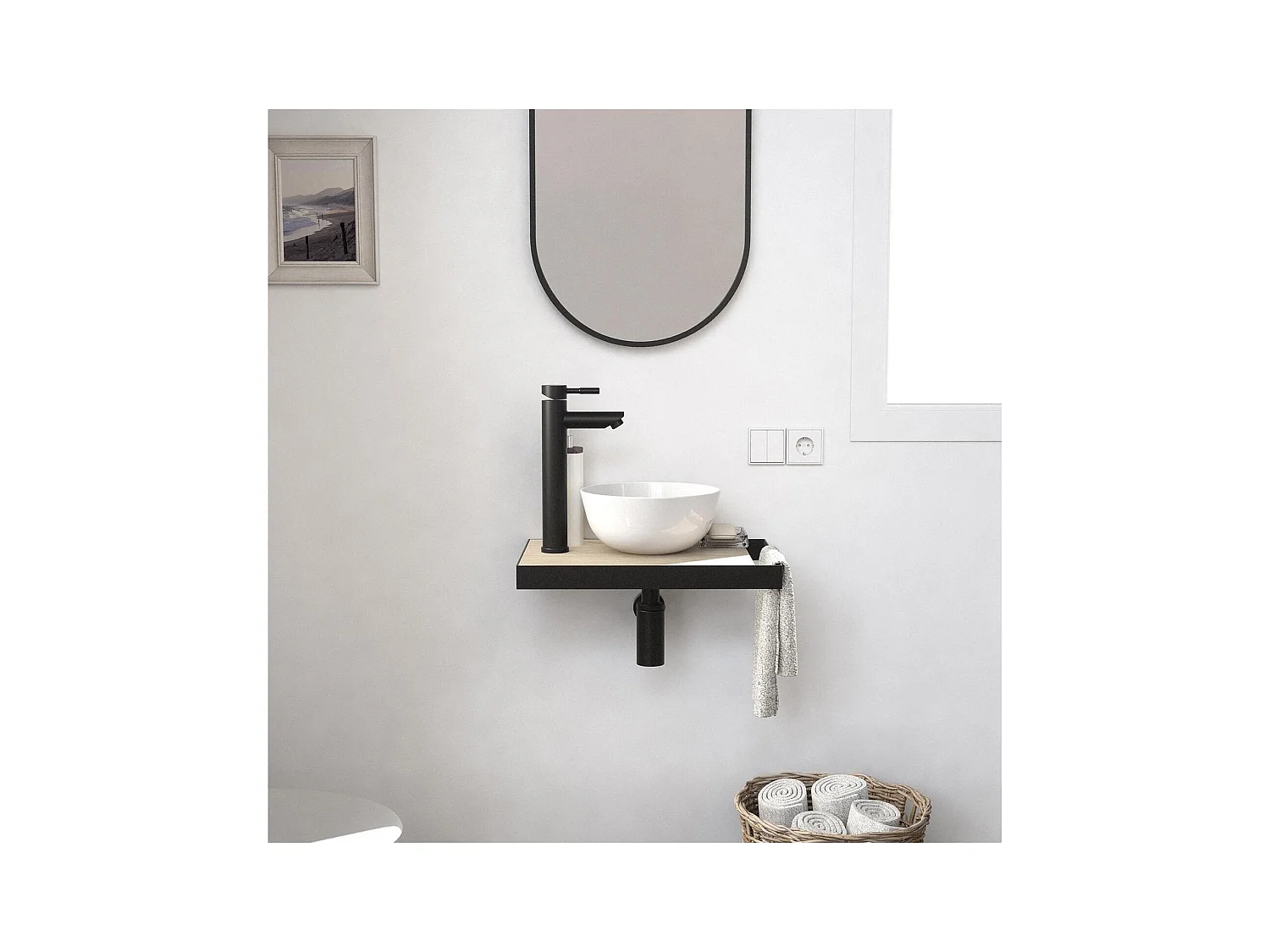 Meuble lave-mains plan fin porte-serviettes côté + vasque blanche + miroir
