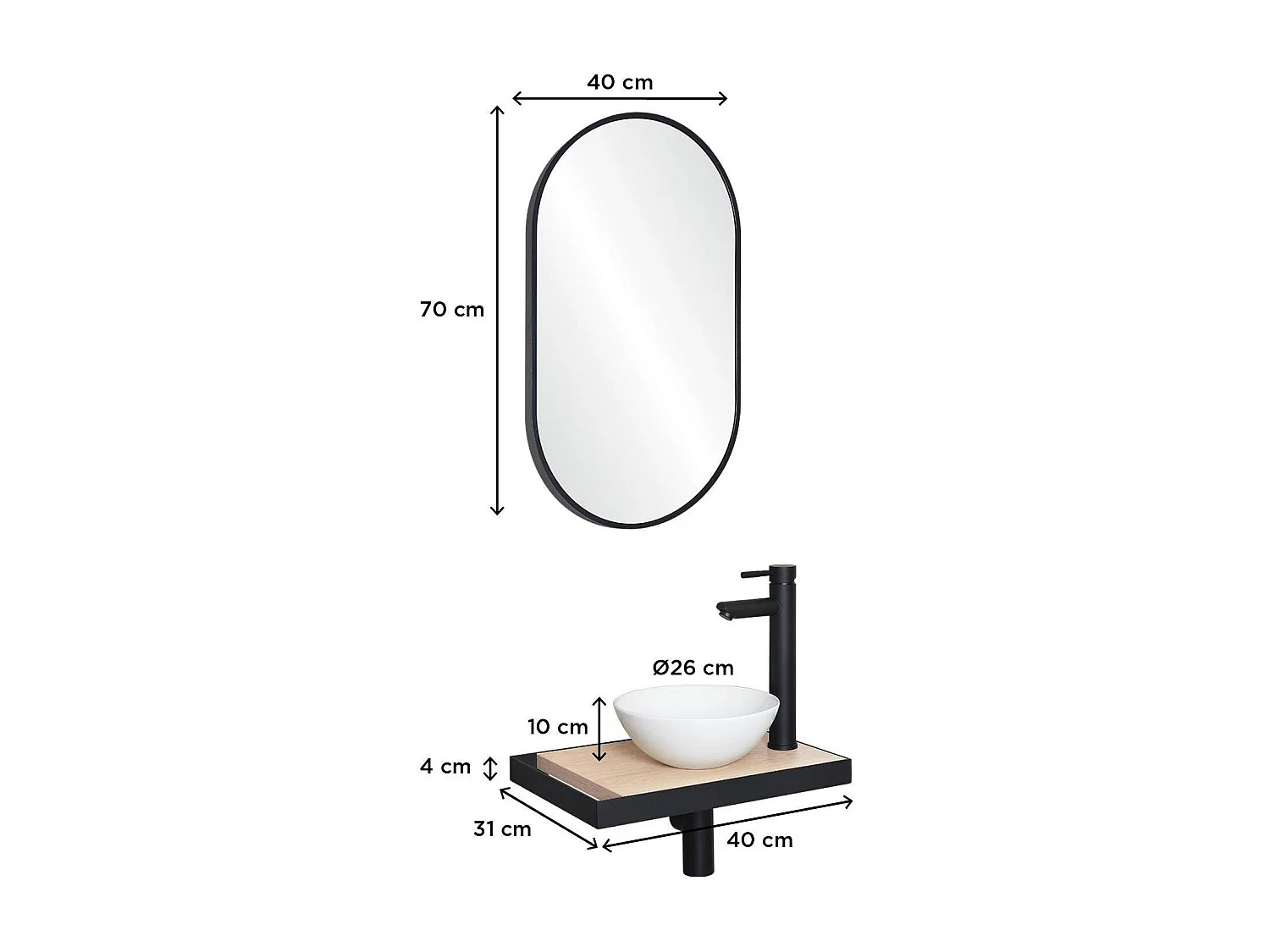 Meuble lave-mains SOHO plan fin p-serviette côté vasque blanche + miroir