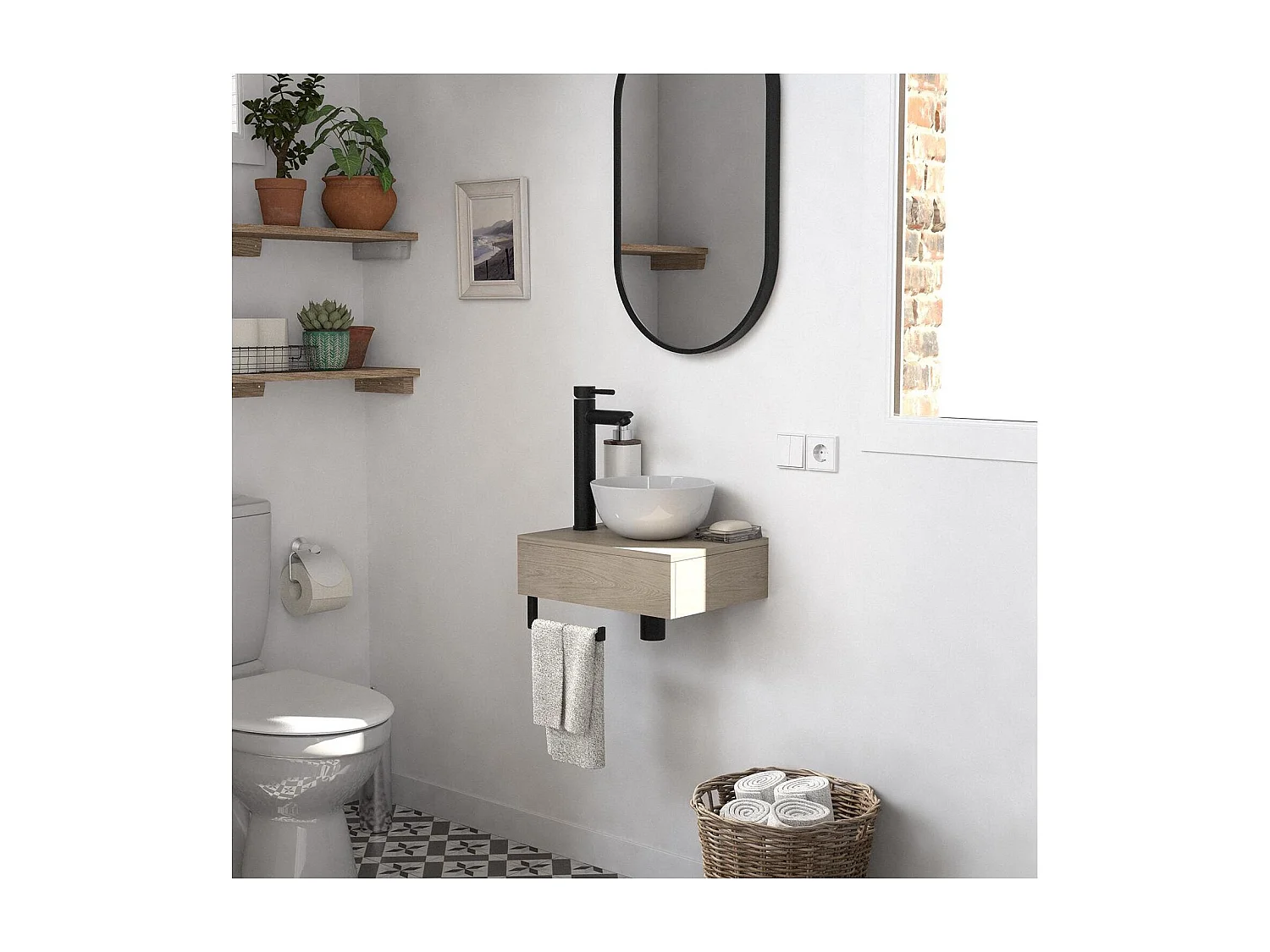 Meuble lave-mains plan épais porte-serviettes dessous + vasque blanche + robinet + miroir