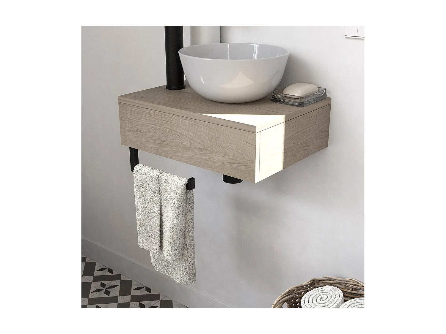 Meuble lave-mains plan épais porte-serviettes dessous + vasque blanche + robinet + miroir