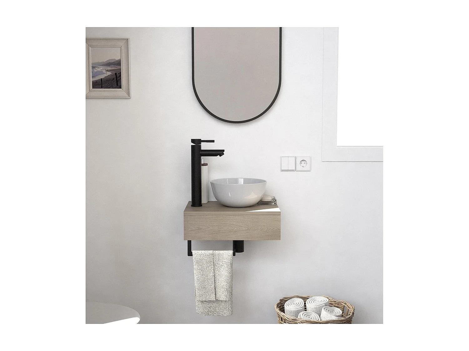 Meuble lave-mains SOHO plan épais vasque blanche + robinet + miroir