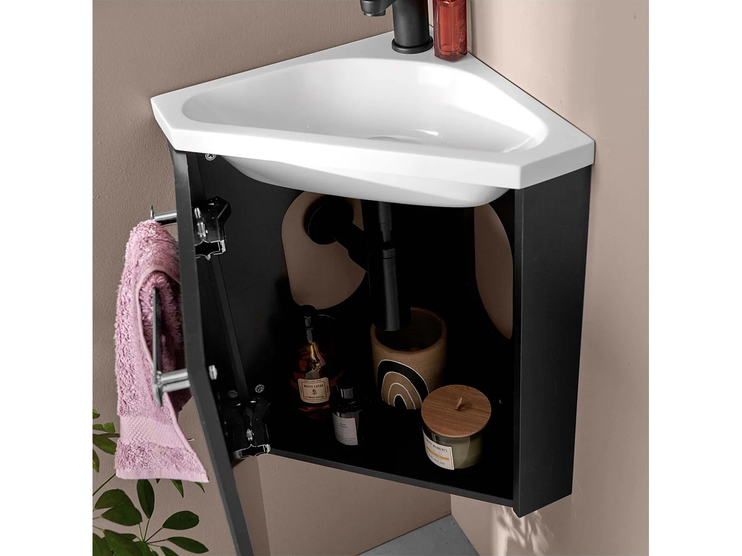 Ensemble lave-mains d'angle suspendu avec robinet noir