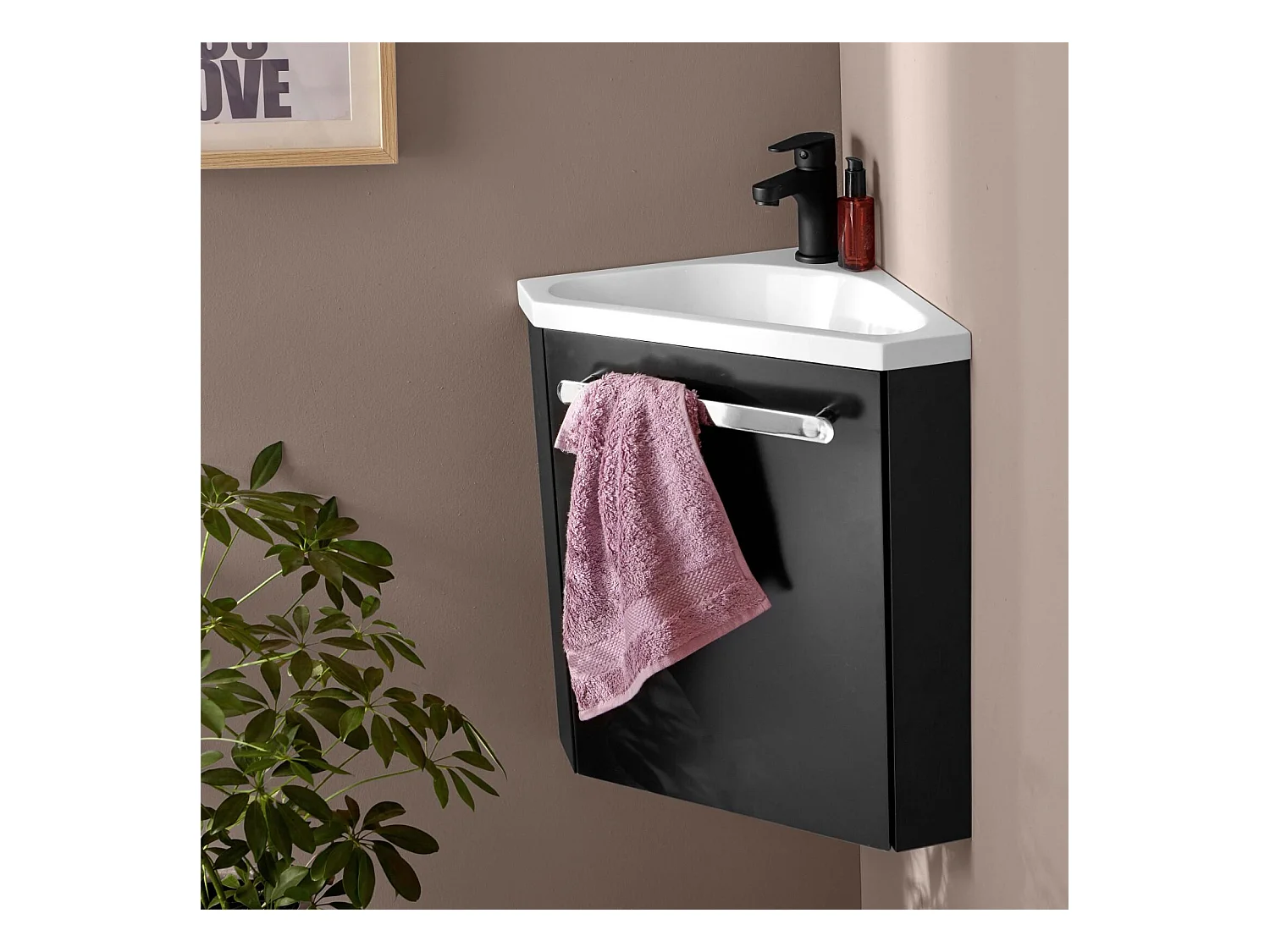 Ensemble lave-mains d'angle suspendu avec robinet noir