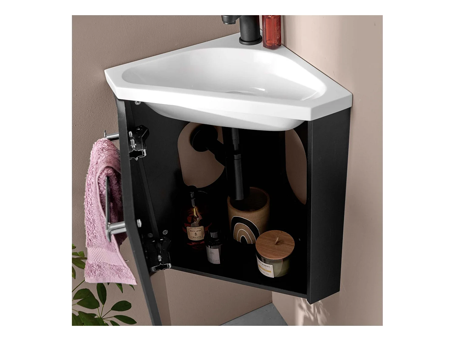 Ensemble lave-mains d'angle suspendu avec robinet noir