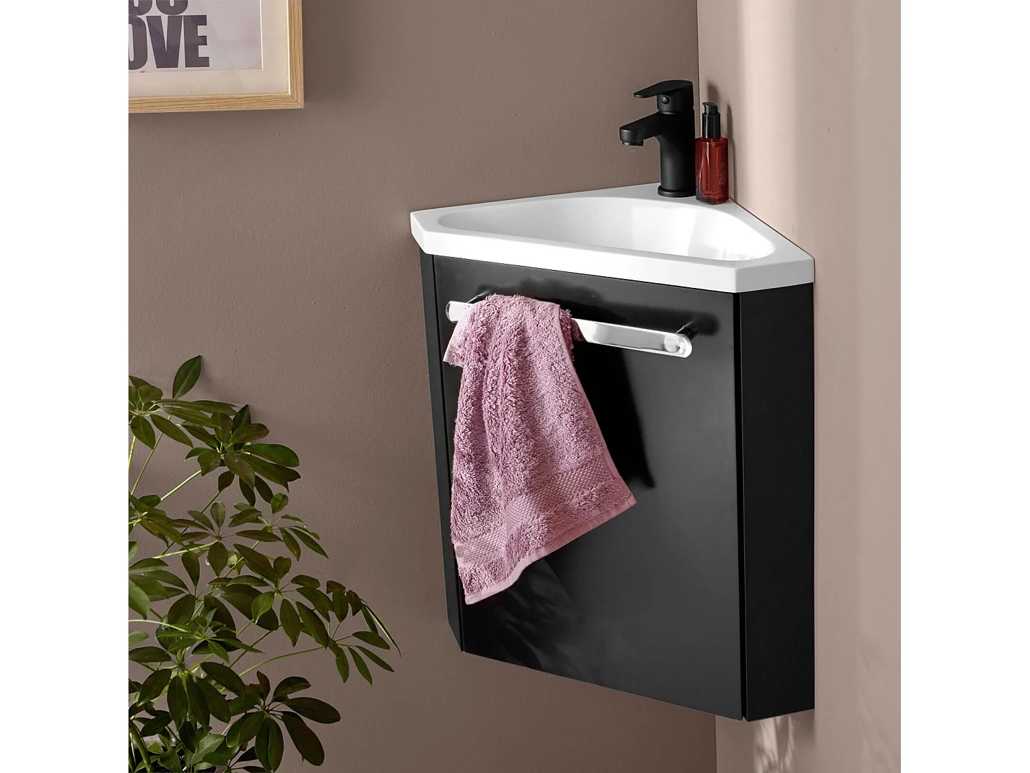 Gruppo lavabo angolare sospeso SKINO con rubinetto nero