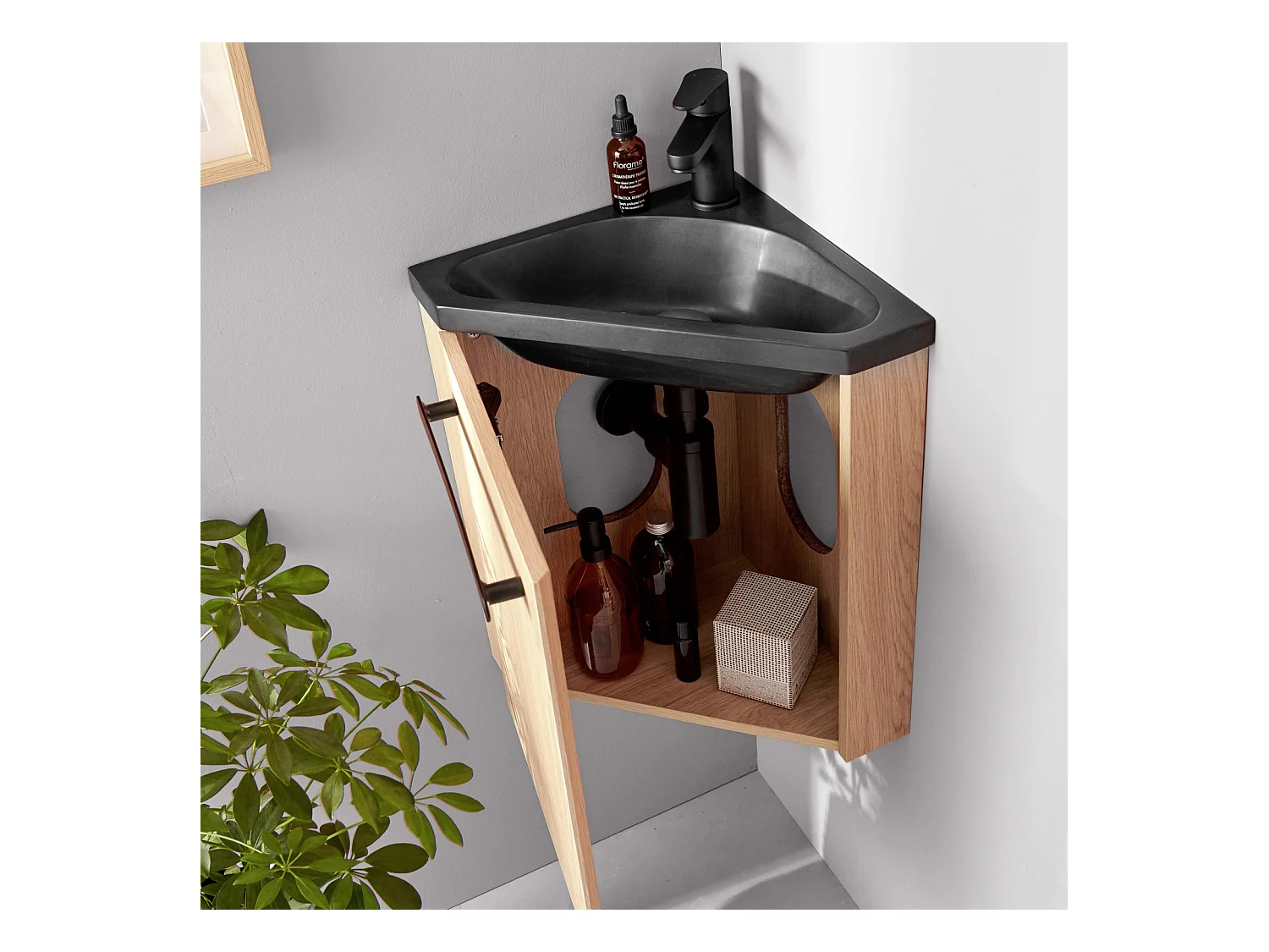 Ensemble lave-mains d'angle suspendu avec robinet noir