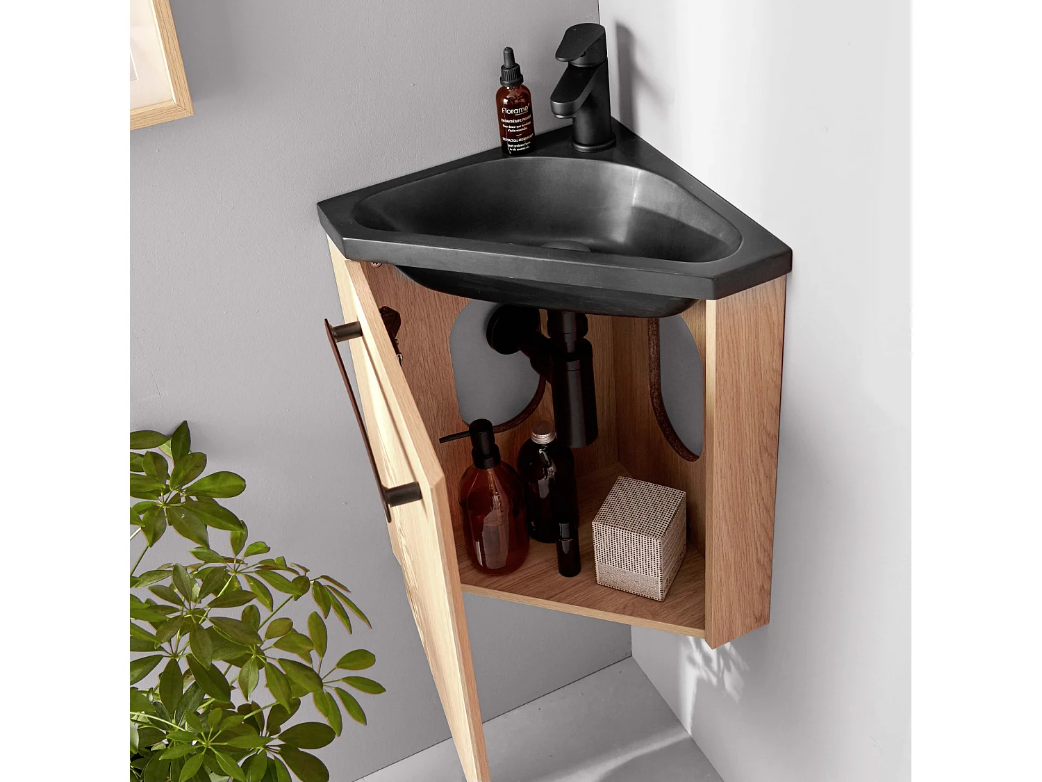 Ensemble lave-mains d'angle suspendu avec robinet noir