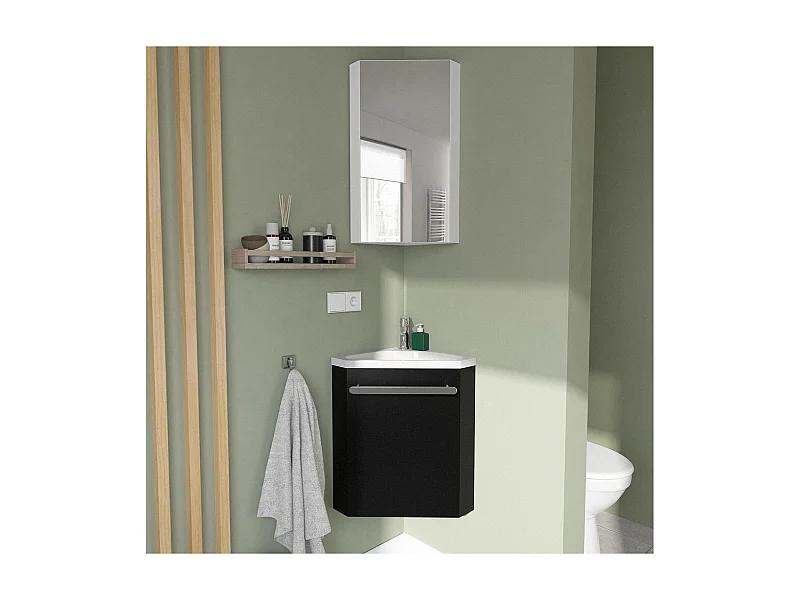 Ensemble lave-mains angle suspendu avec robinet et armoire d'angle