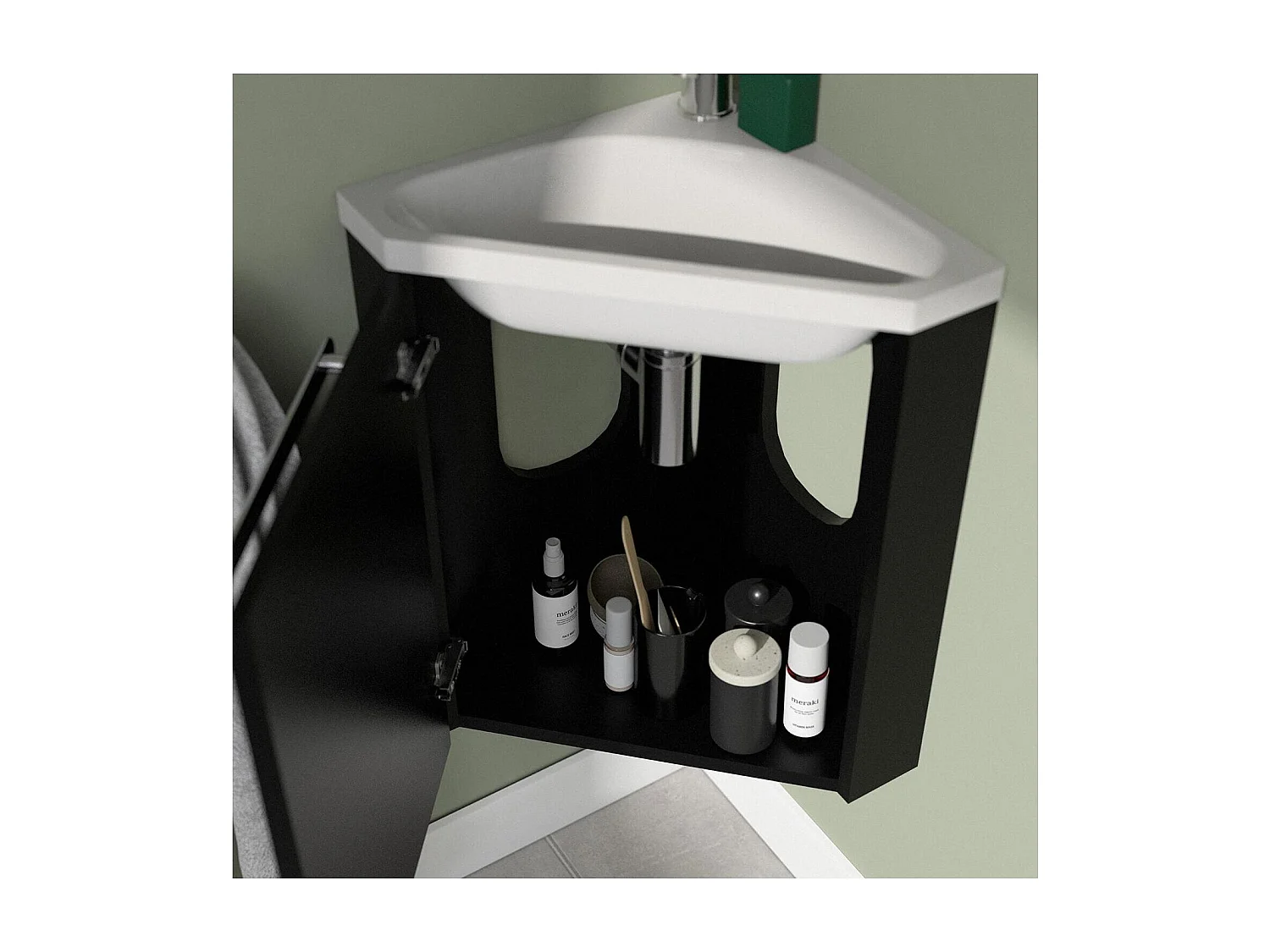 Ensemble lave-mains angle suspendu avec robinet et armoire d'angle