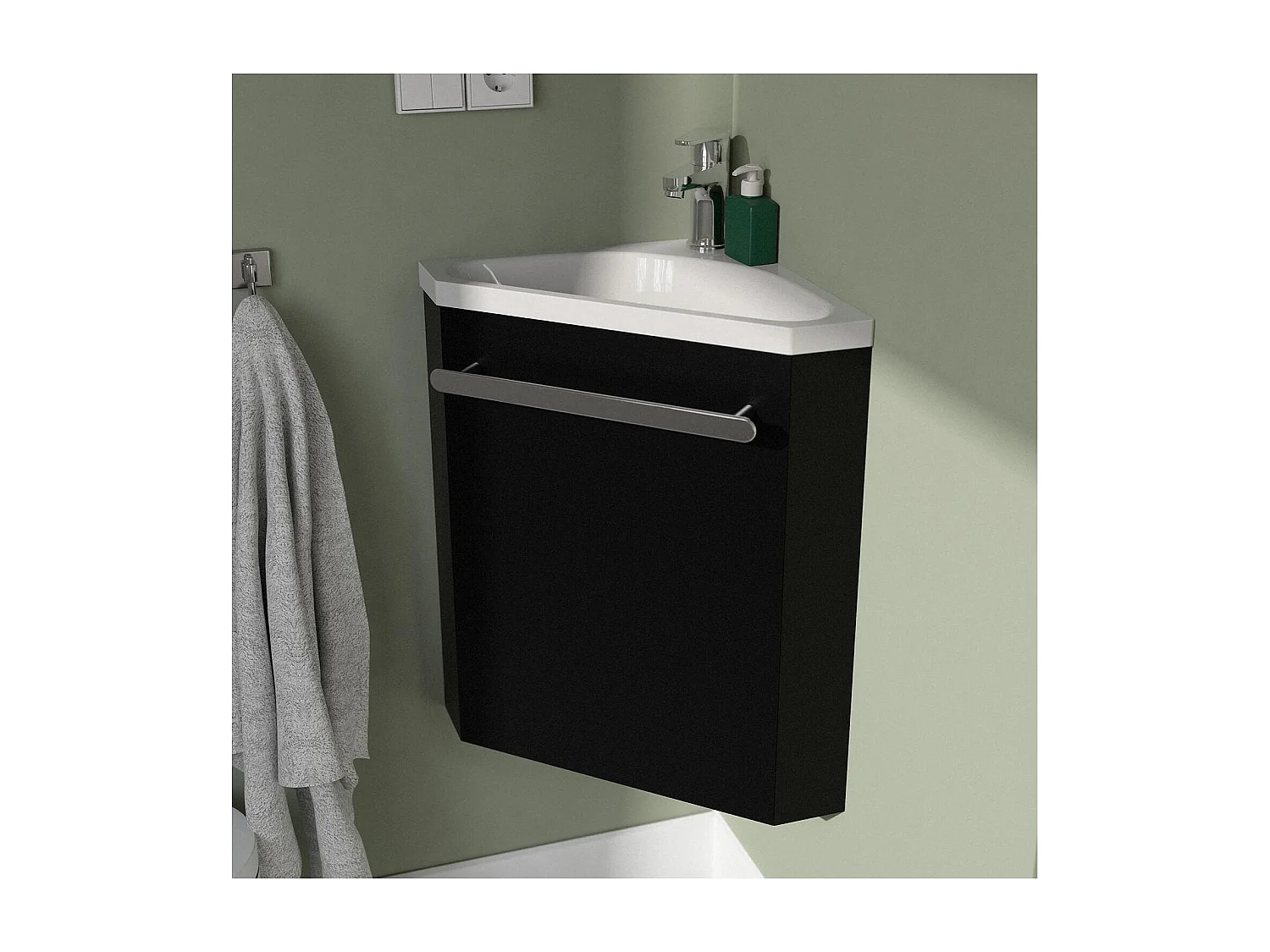 Ensemble lave-mains angle suspendu avec robinet et armoire d'angle