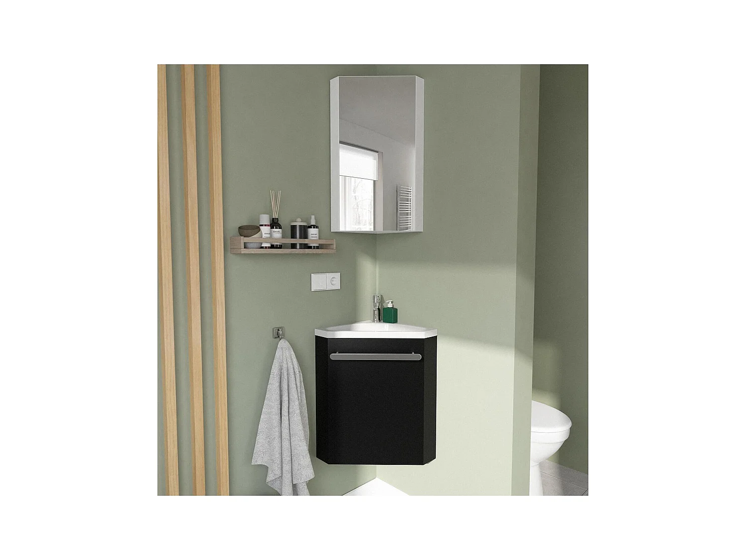 Eckwaschbecken + Wasserhahn + SKINO-Schrank