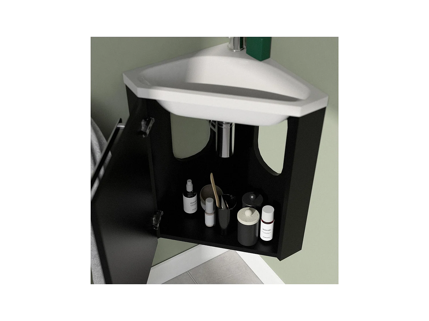 Eckwaschbecken + Wasserhahn + SKINO-Schrank