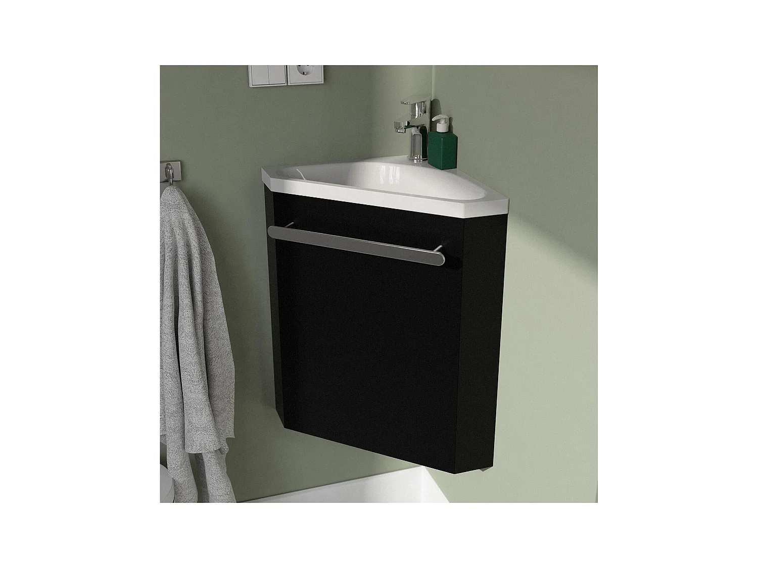 Eckwaschbecken + Wasserhahn + SKINO-Schrank