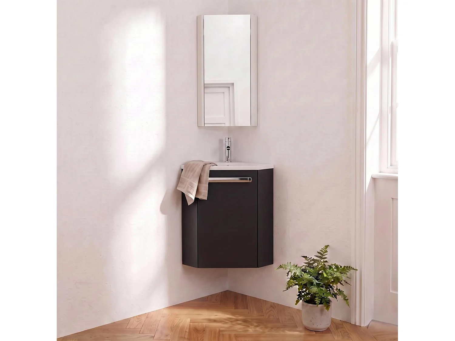 Ensemble lave-mains angle suspendu SKINO avec robinet et armoire d'angle