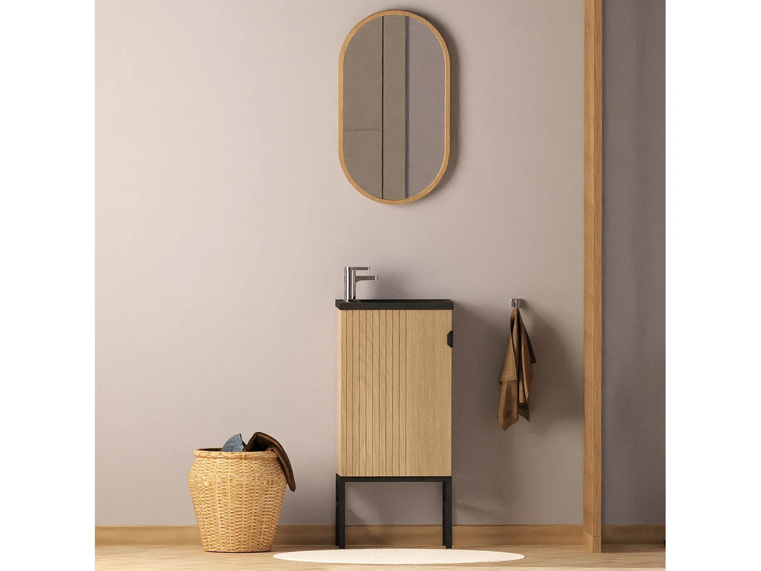 Ensemble meuble lave-mains sur pieds chêne + miroir