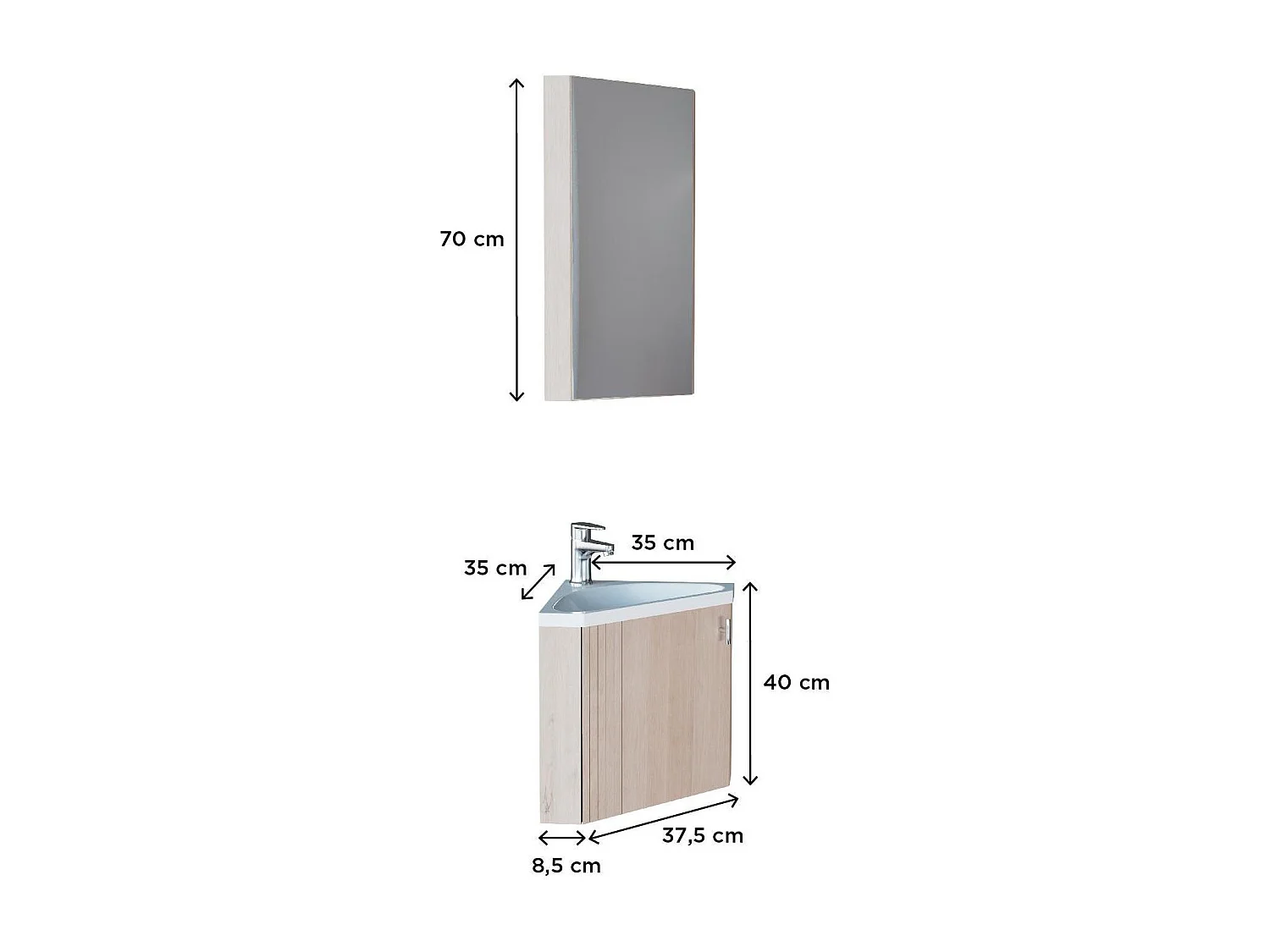 Ensemble lave-mains d'angle décor chêne avec armoire de toilette d'angle