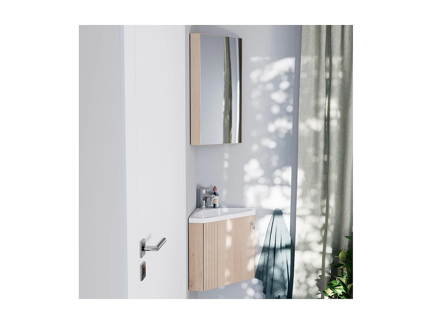 Ensemble lave-mains d'angle décor chêne avec armoire de toilette d'angle