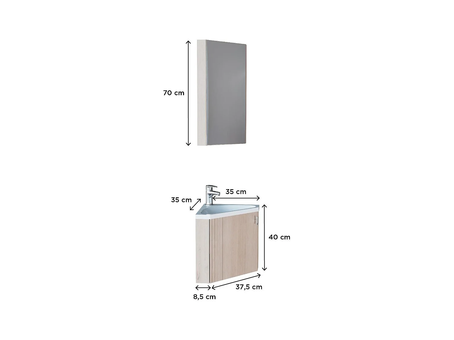 Ensemble lave-mains d'angle décor chêne avec armoire de toilette d'angle