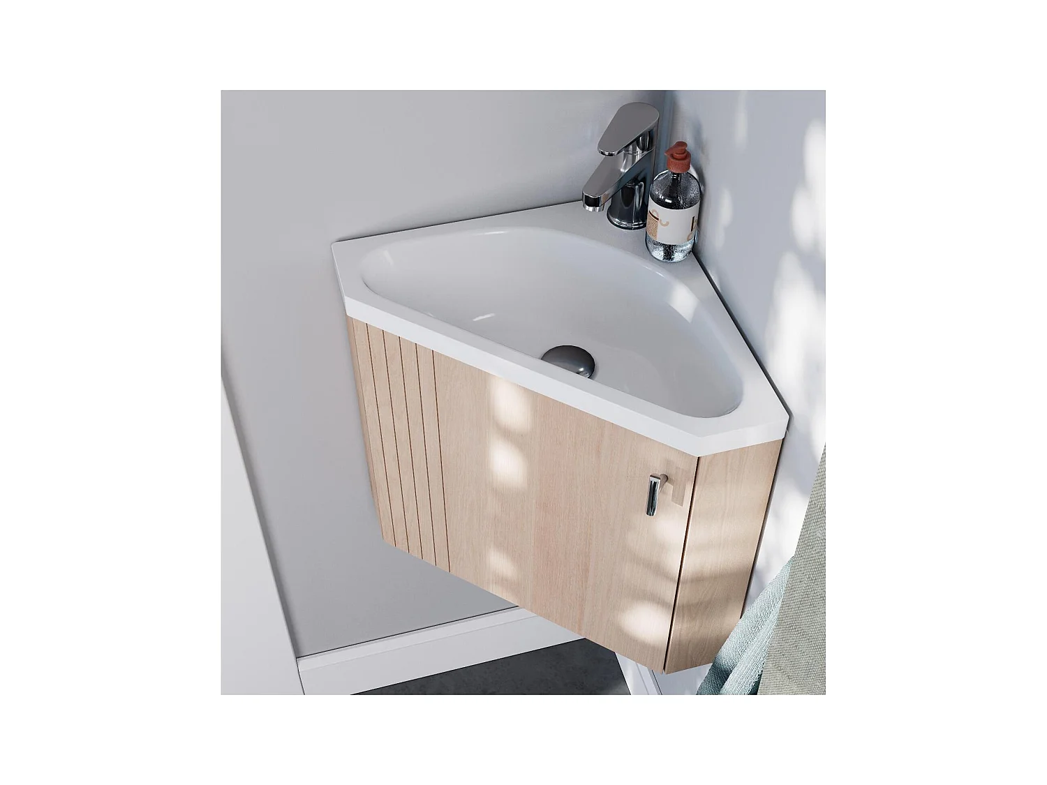 Ensemble lave-mains d'angle décor chêne avec armoire de toilette d'angle