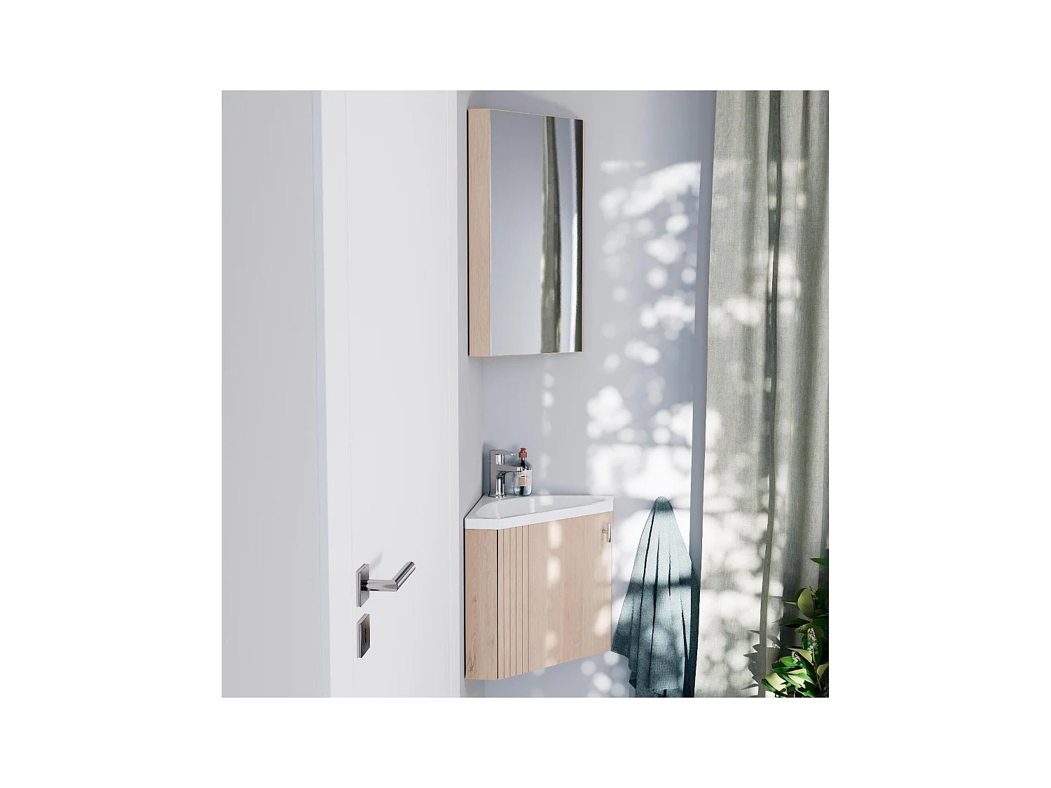 Ensemble lave-mains d'angle décor chêne avec armoire de toilette d'angle