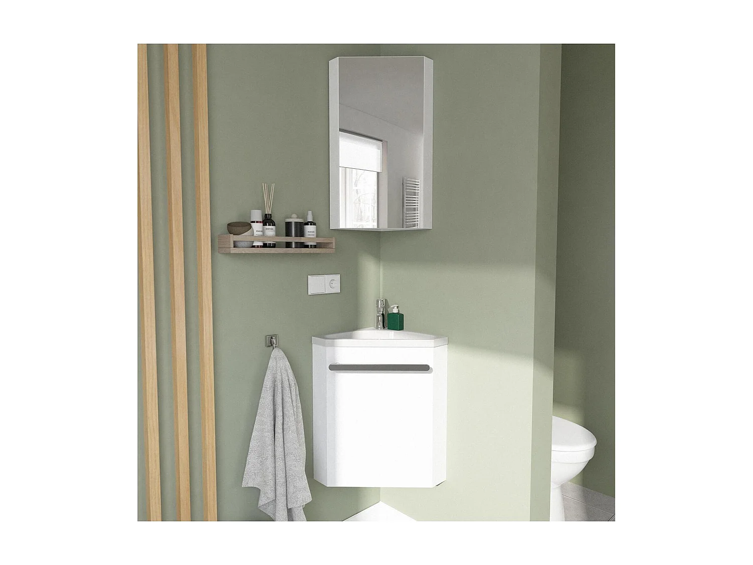 Ensemble lave-mains angle suspendu SKINO avec robinet et armoire d'angle