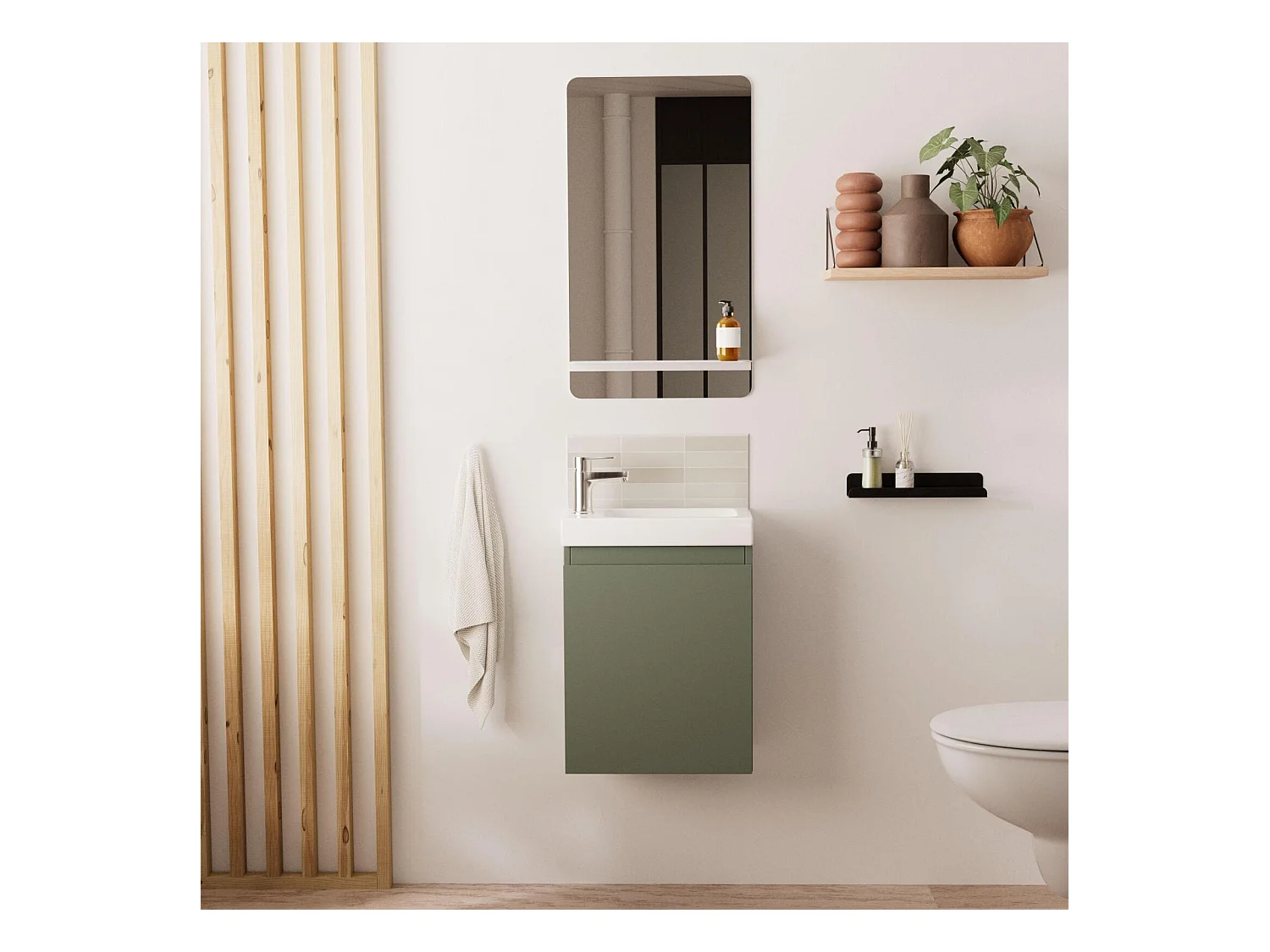 Ensemble lave-mains suspendu avec robinet chromé et miroir tablette