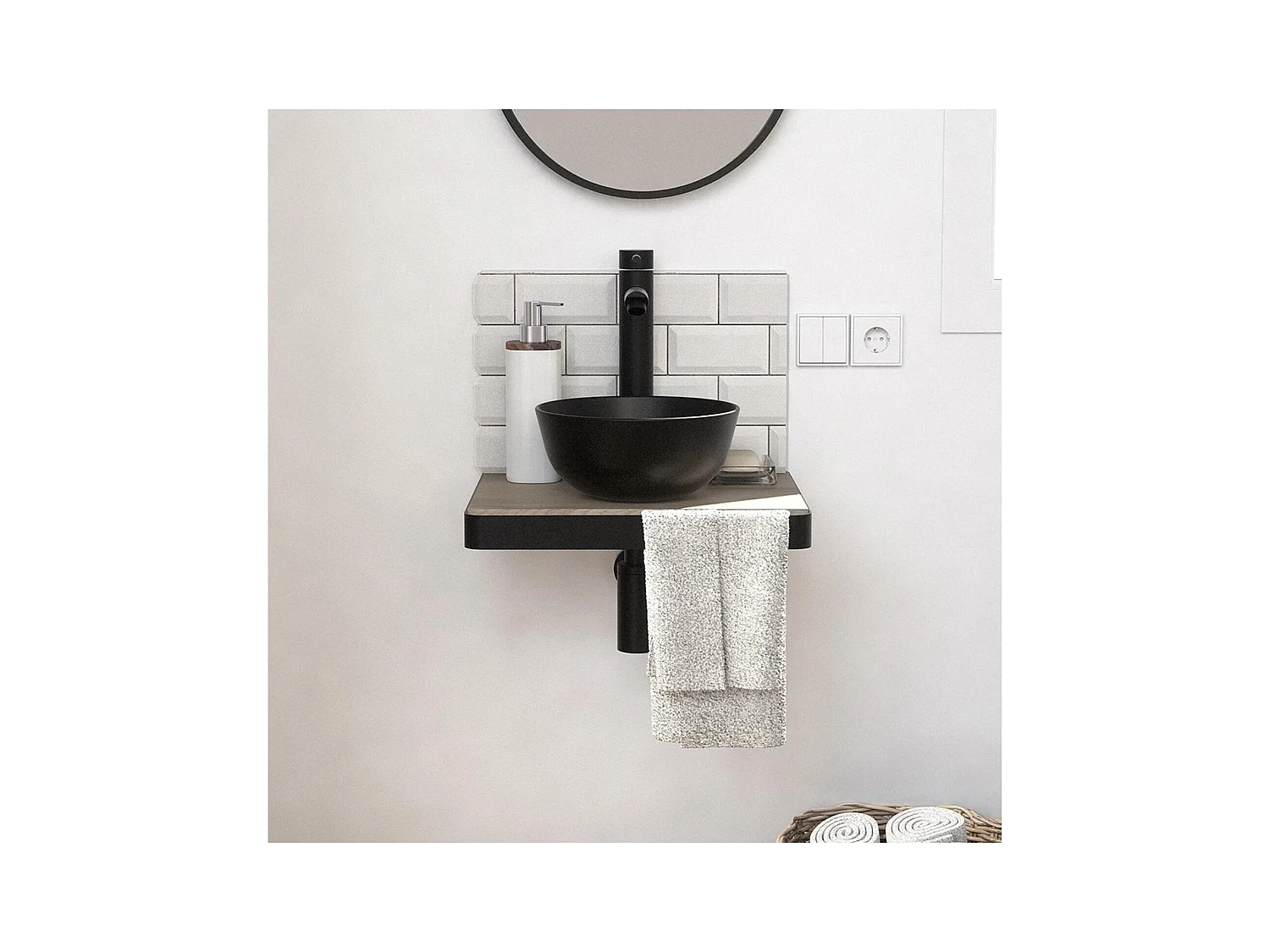 Meuble lave-mains plan fin porte-serviettes face + vasque noire