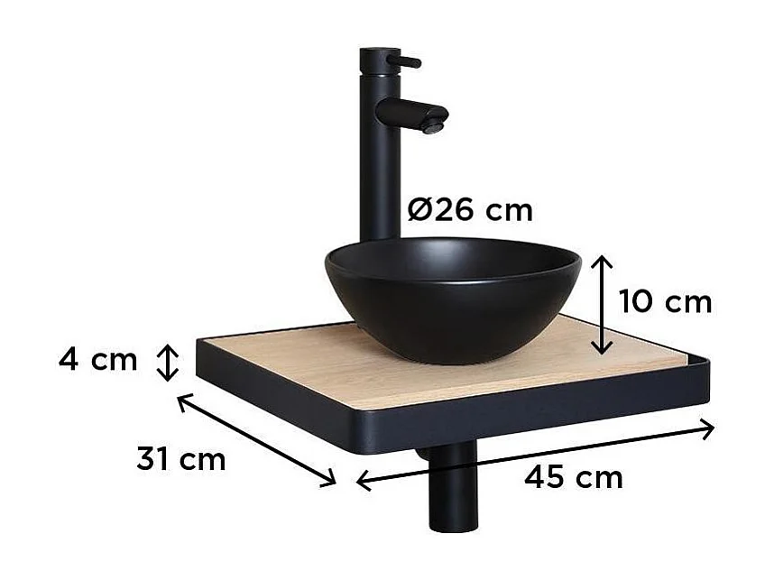 Meuble lave-mains plan fin porte-serviettes face + vasque noire