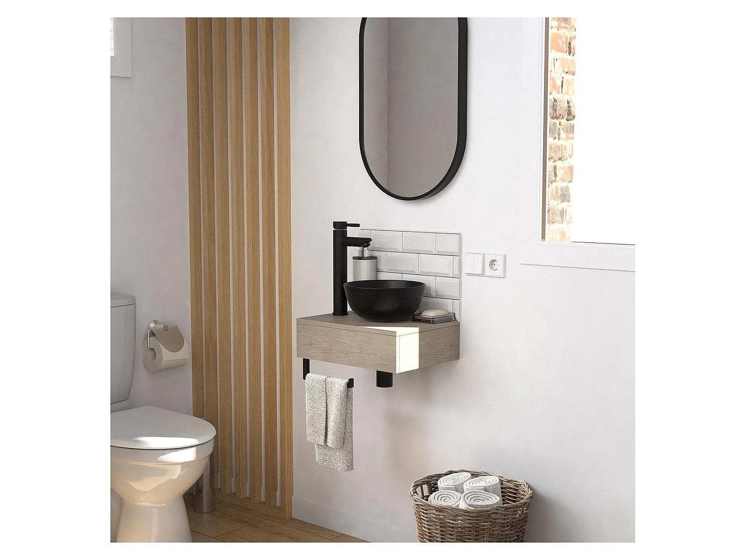 Meuble lave-mains SOHO plan épais vasque noire + miroir