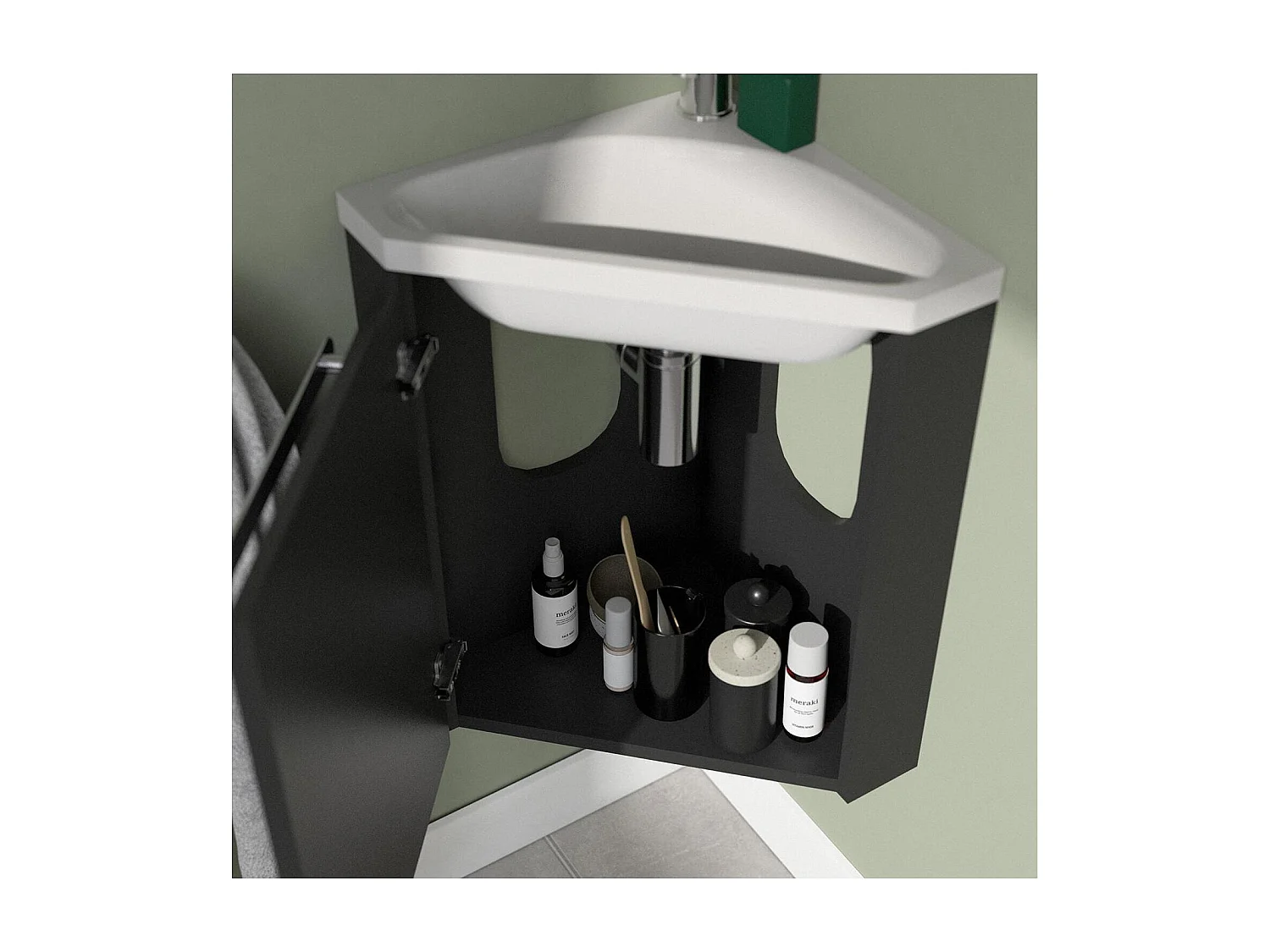 Lavabo de esquina + grifería + mueble SKINO