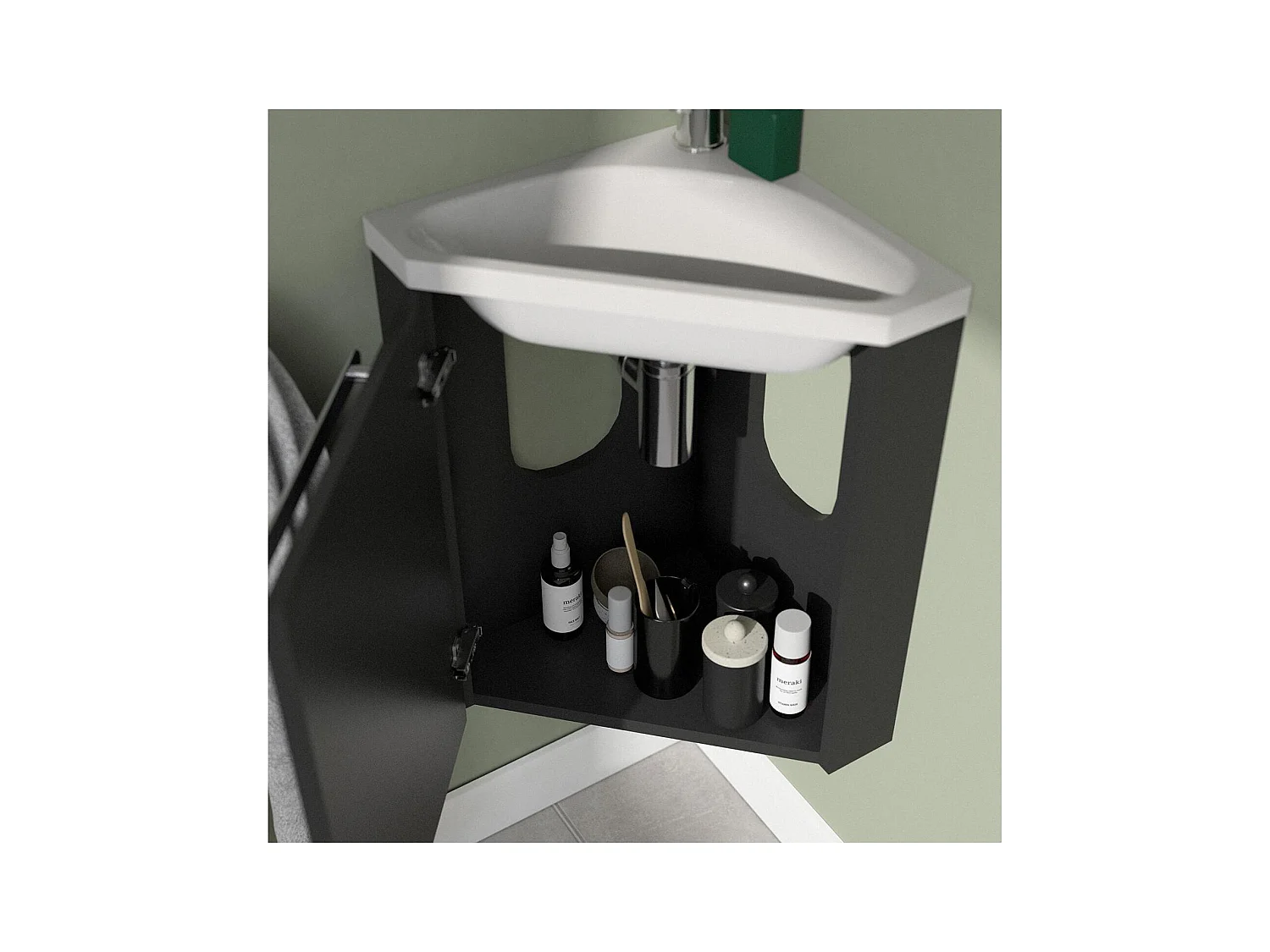 Ensemble lave-mains angle suspendu avec armoire toilette d'angle