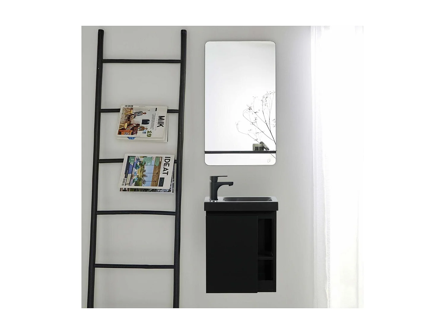 Set lavabo nero HAMPTON con contenitore laterale e mensola a specchio