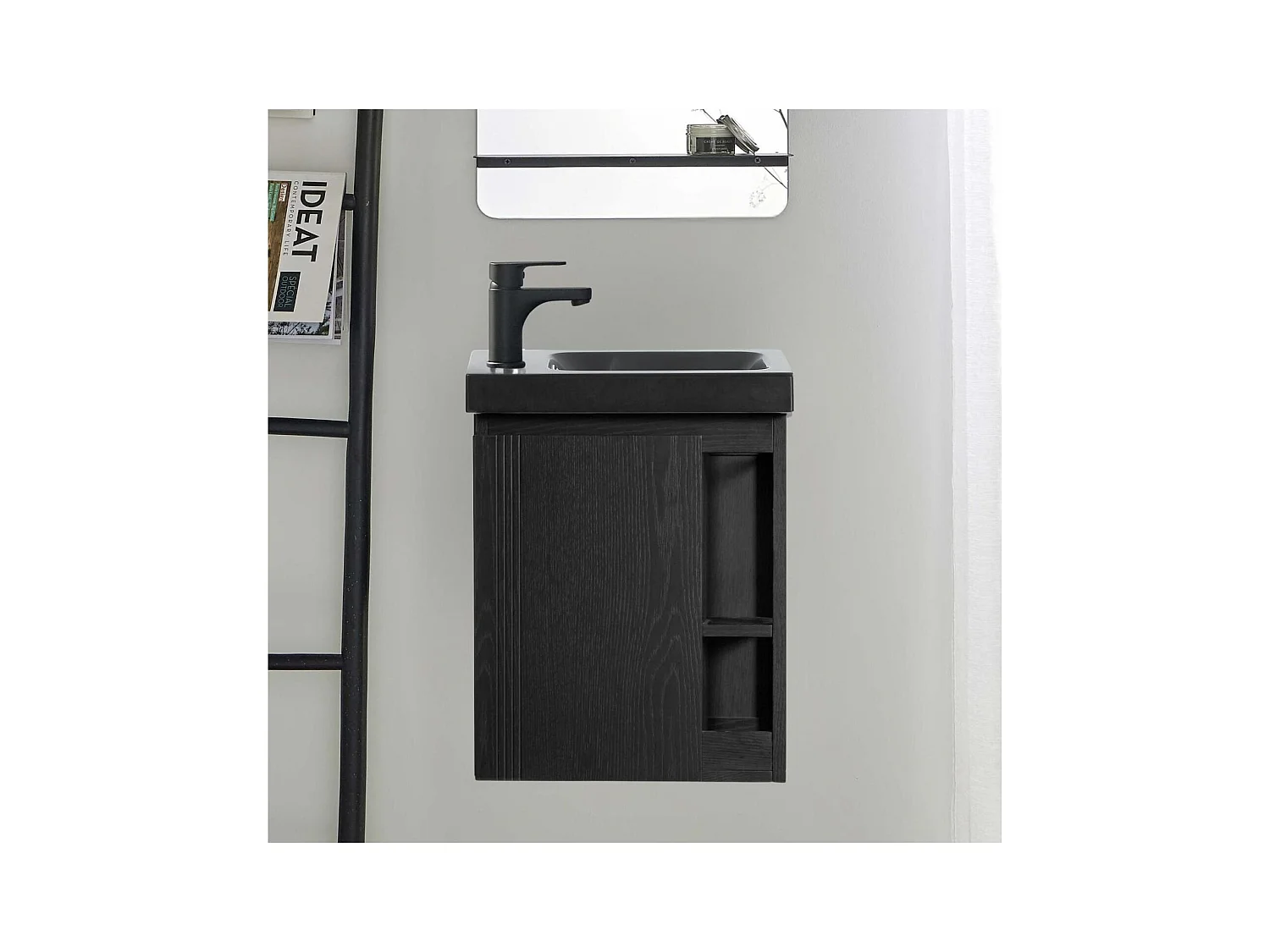 Ensemble lave-mains avec rangement latéral et robinet noir