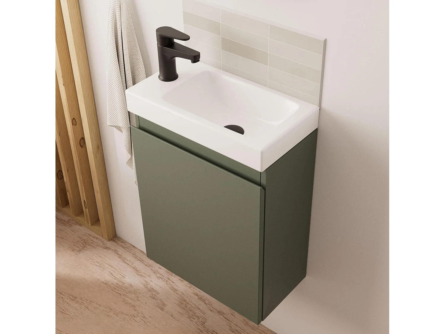 Ensemble lave-mains suspendu avec robinet noir et miroir ovale