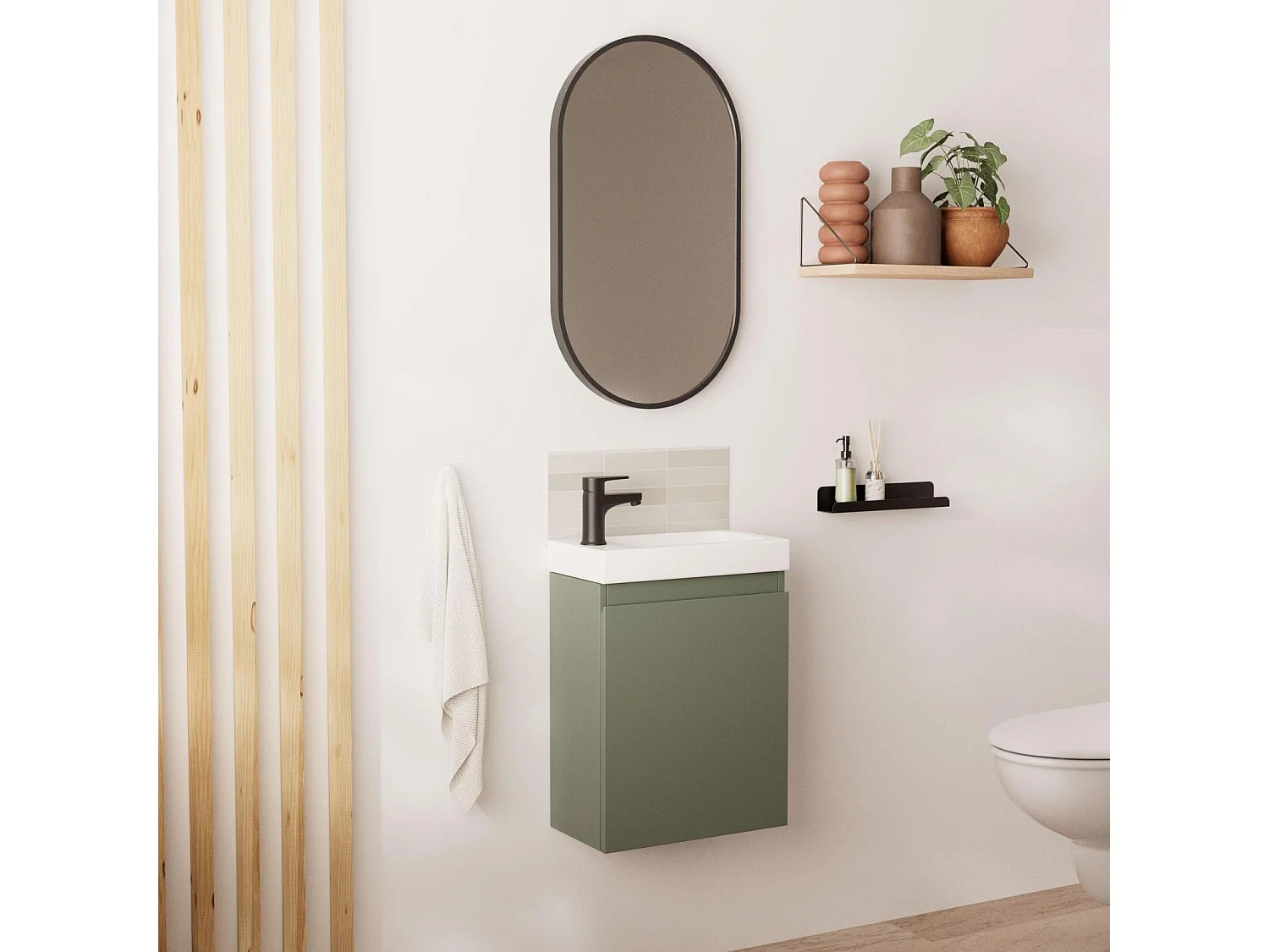 Ensemble lave-mains suspendu avec robinet noir et miroir ovale