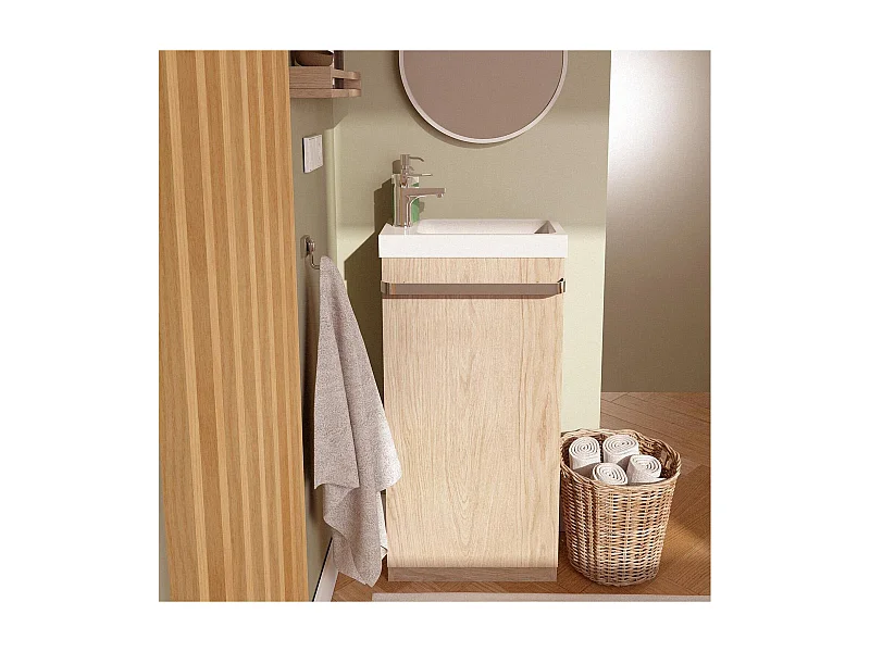 Ensemble lave-mains sur pieds décor chêne avec robinet chromé