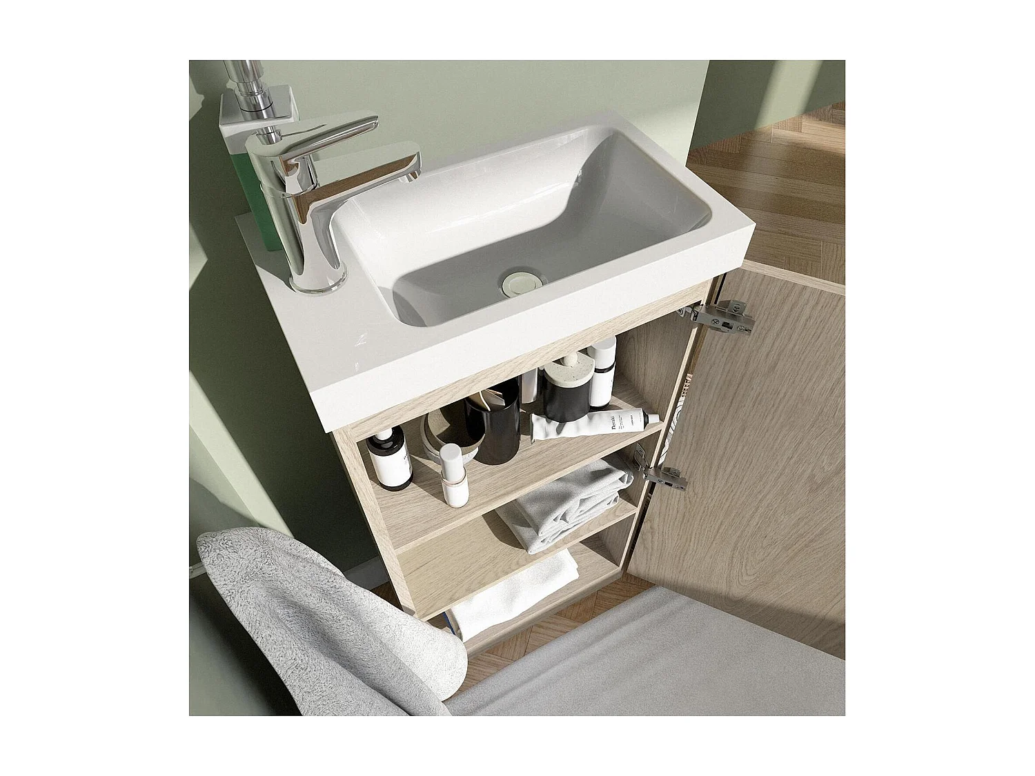 Ensemble lave-mains sur pieds décor chêne avec robinet chromé