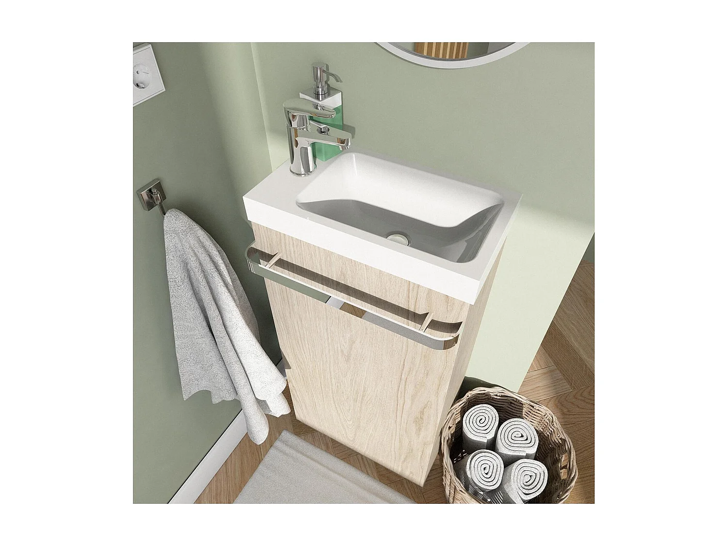 Ensemble lave-mains sur pieds décor chêne avec robinet chromé