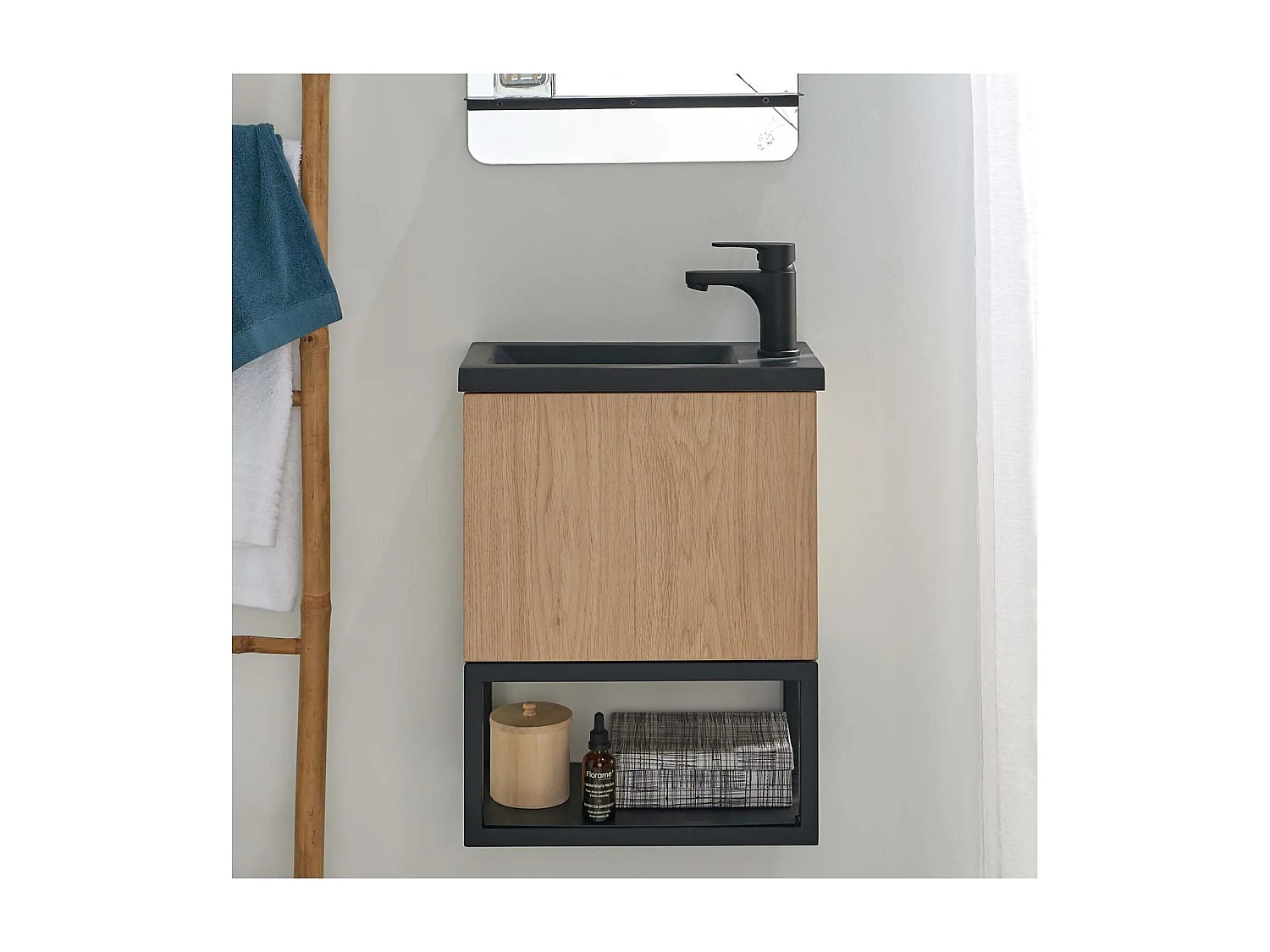 Ensemble lave-mains suspendu métal et bois avec robinet noir