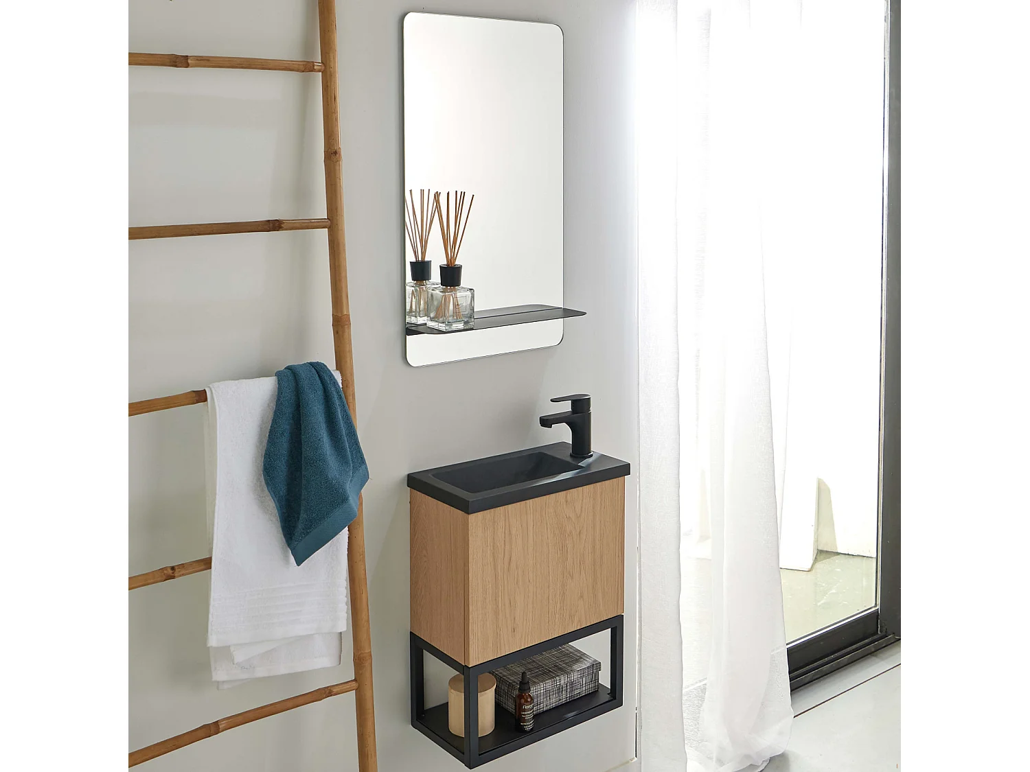 Ensemble lave-mains suspendu métal et bois avec robinet noir