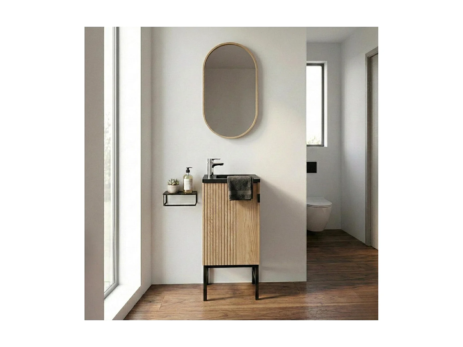 Lave-mains chêne sur pieds + robinet + miroir STUDIO